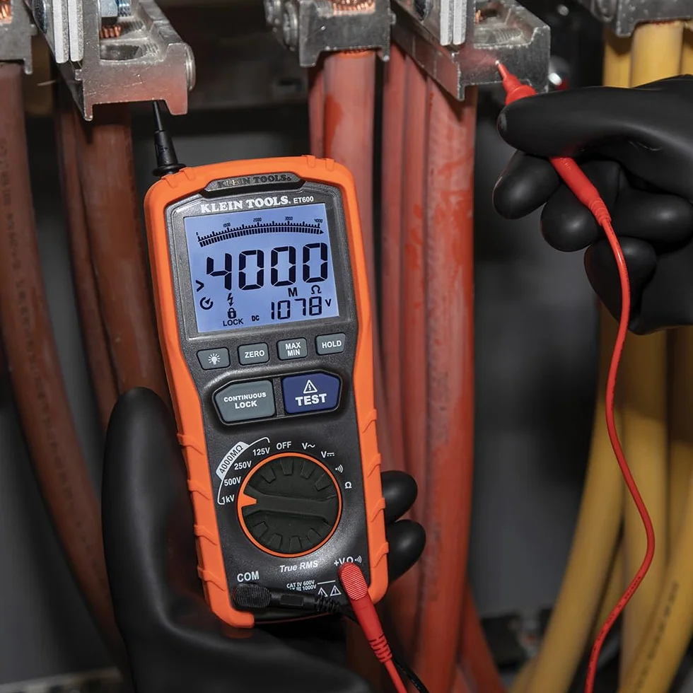 Megaomierz, miernik rezystancji izolacji, rezystor 4000 megaomów, napięcie testowe 125 V/250 V/500 V/1000 V, Klein Tools ET600
