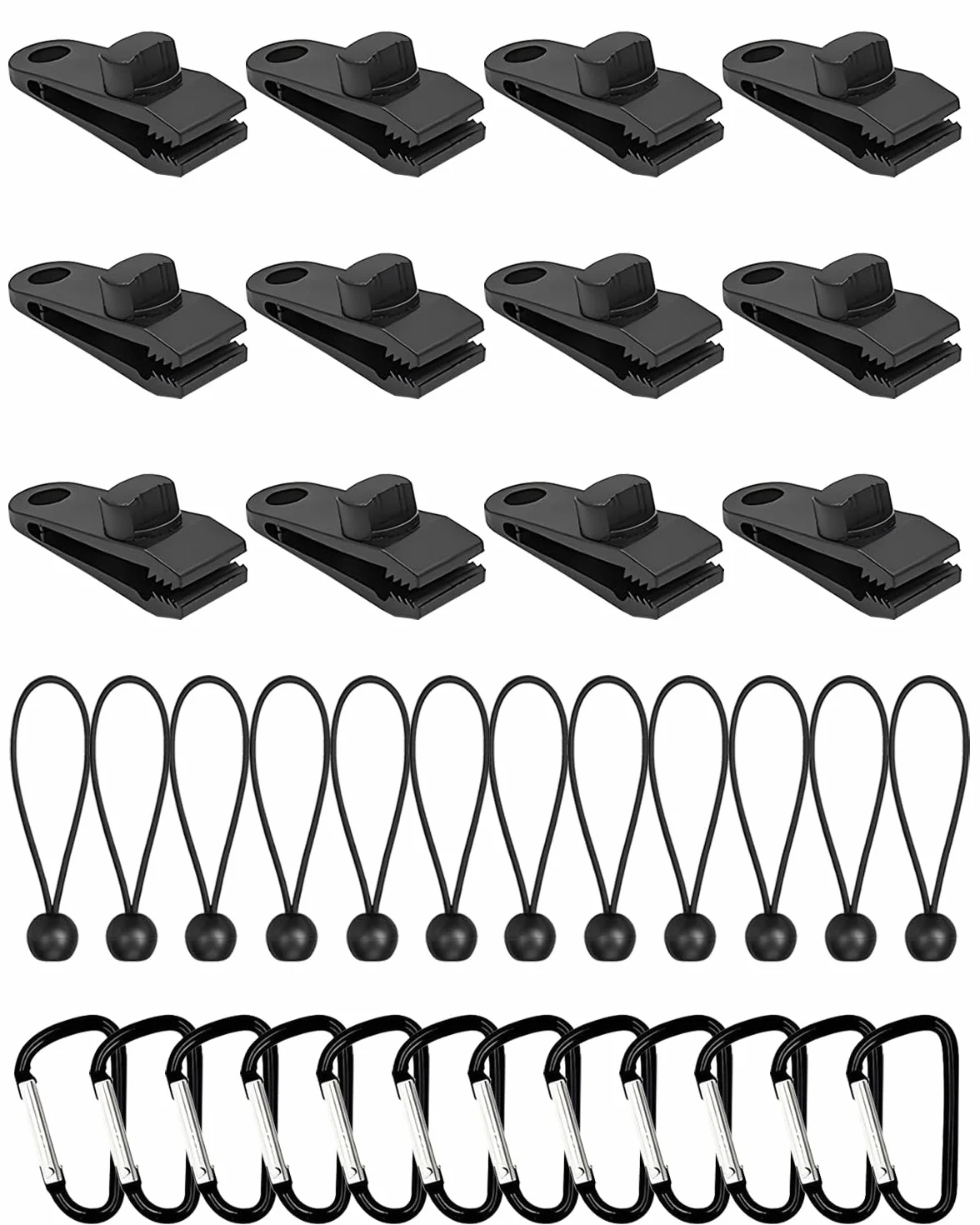 Janety Zestaw 36 klipsów do plandek, 12 klipsów do plandeki + 12 nylonowych sznurków do namiotu bungee + 12 klipsów karabińczykowych, do plandek, na kemping, hamaki, osłony basenowe i osłony łodzi
