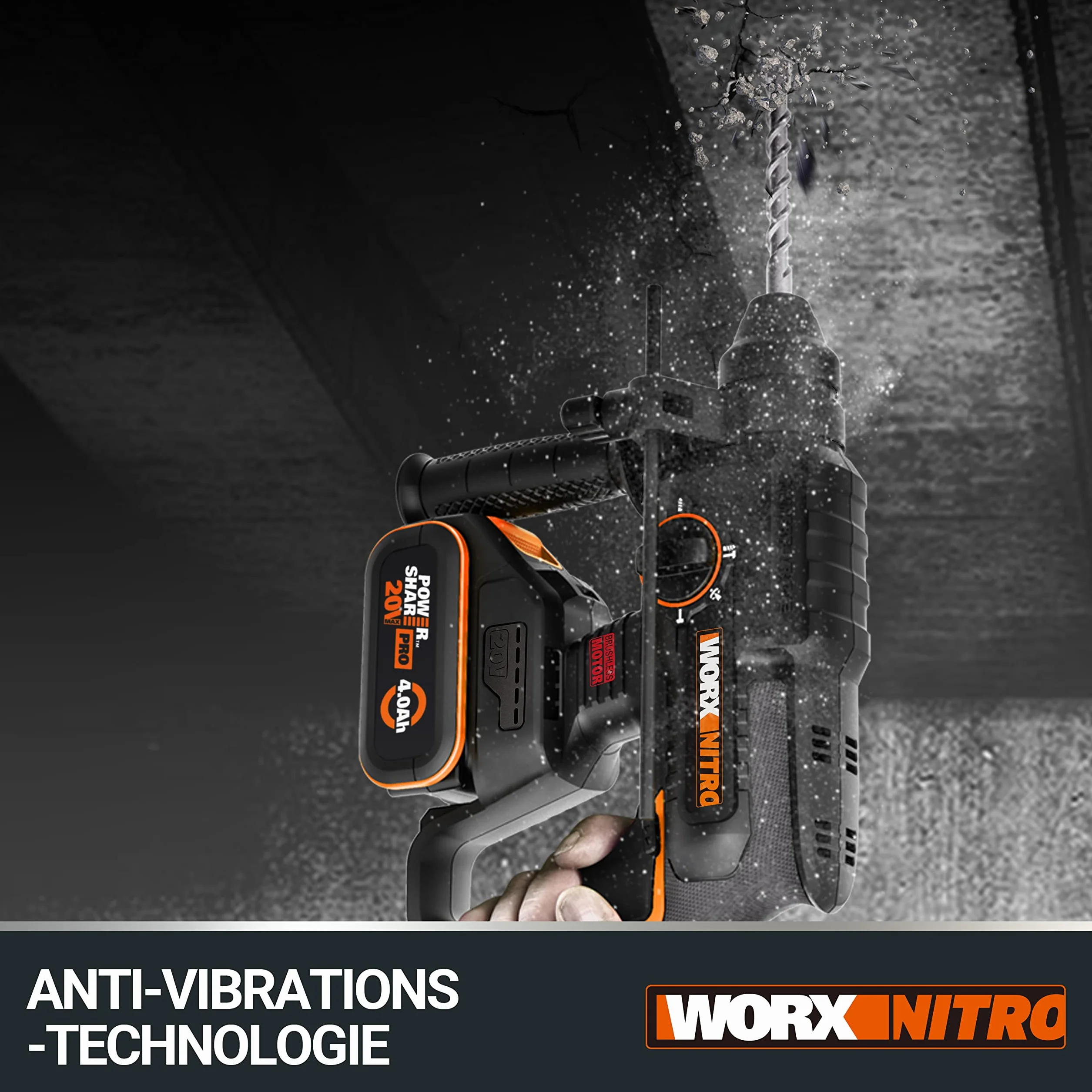 WORX Bezprzewodowy dziurkacz bezszczotkowy 20V WX381.9, 2J, 3 w 1, wiercenie, wiercenie, dłutowanie we wszystkich materiałach, antywibracje, dostarczany bez baterii i ładowarki, z akcesoriami
