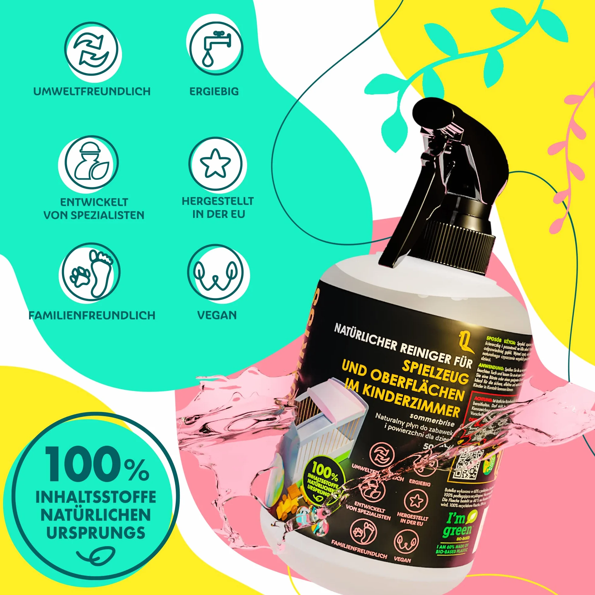Naturalny środek czyszczący do zabawek i powierzchni w pokoju dziecięcym - spray higieniczny dla małych dzieci i niemowląt, mata, krzesło, stół, wegański, bez alergenów 500 ml