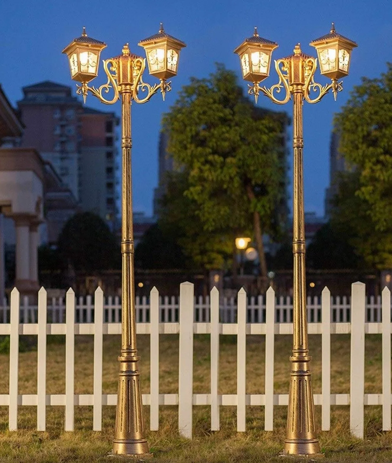Lampy Solarne Na Słupku, Zewnętrzne Lampy Uliczne, 3-Światła, Europejska Tradycja, Wodoodporna Lampa Uliczna, Zewnętrzne Lampy Na Słupku, Antyczne Aluminium, Metal,Brown-2.05M