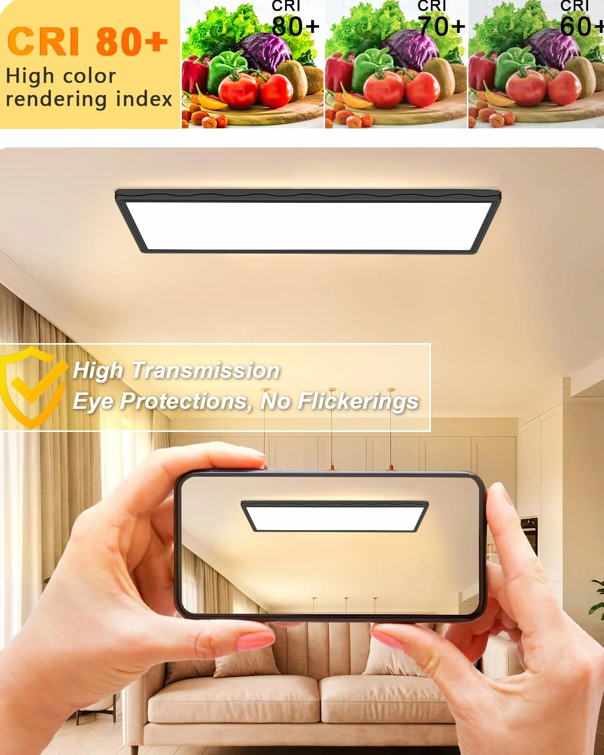 Bowfar Lampa sufitowa LED, prostokątna lampa sufitowa z pilotem, ściemnialna w zakresie 3000–6500K, ultracienki panel LED 24W z podświetleniem do sypialni, biura, łazienki, 58 * 20 * 2,5 cm – czarny