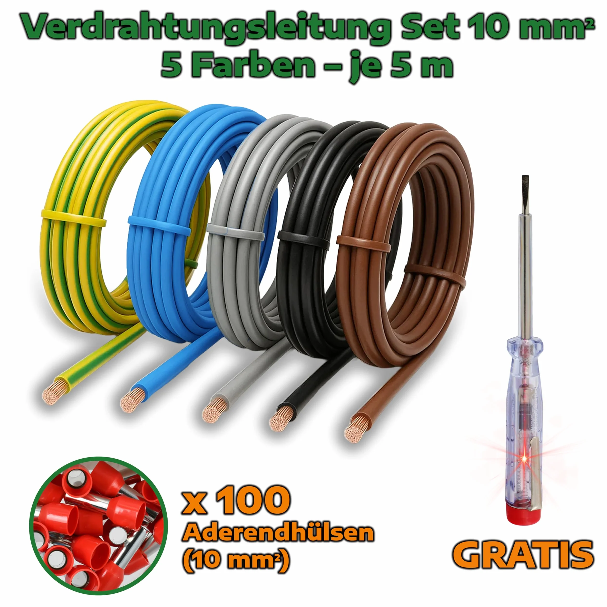 Zestaw okablowania 10 mm² H07V-K przewód żyłowy elastyczny zestaw 5 x 5 m wraz z 100 tulejkami kablowymi przewód kablowy idealny do liczników, przewodów uziemiających i mostów okablowania