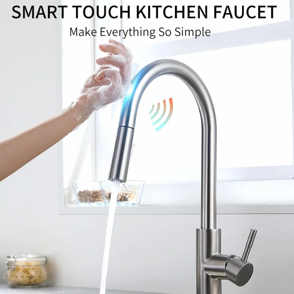 Smart Touch bateria kuchenna z czujnikiem do kranu kuchennego, mieszacza zlewozmywakowego, obrotowego kranu dotykowego, czujnik mieszacza wody, model 1005, szczotkowane złoto