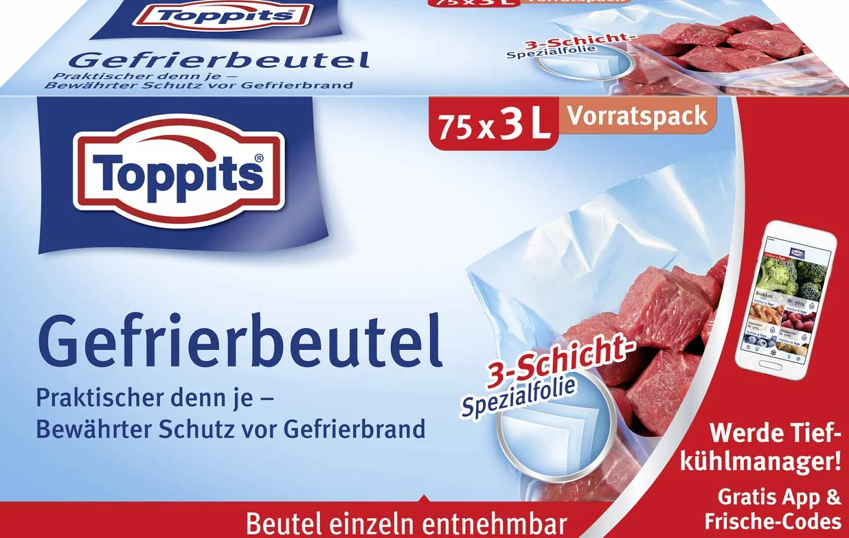 Toppits Worki do zamrażania, 3 litry, 75 sztuk, dno stojące, przezroczyste