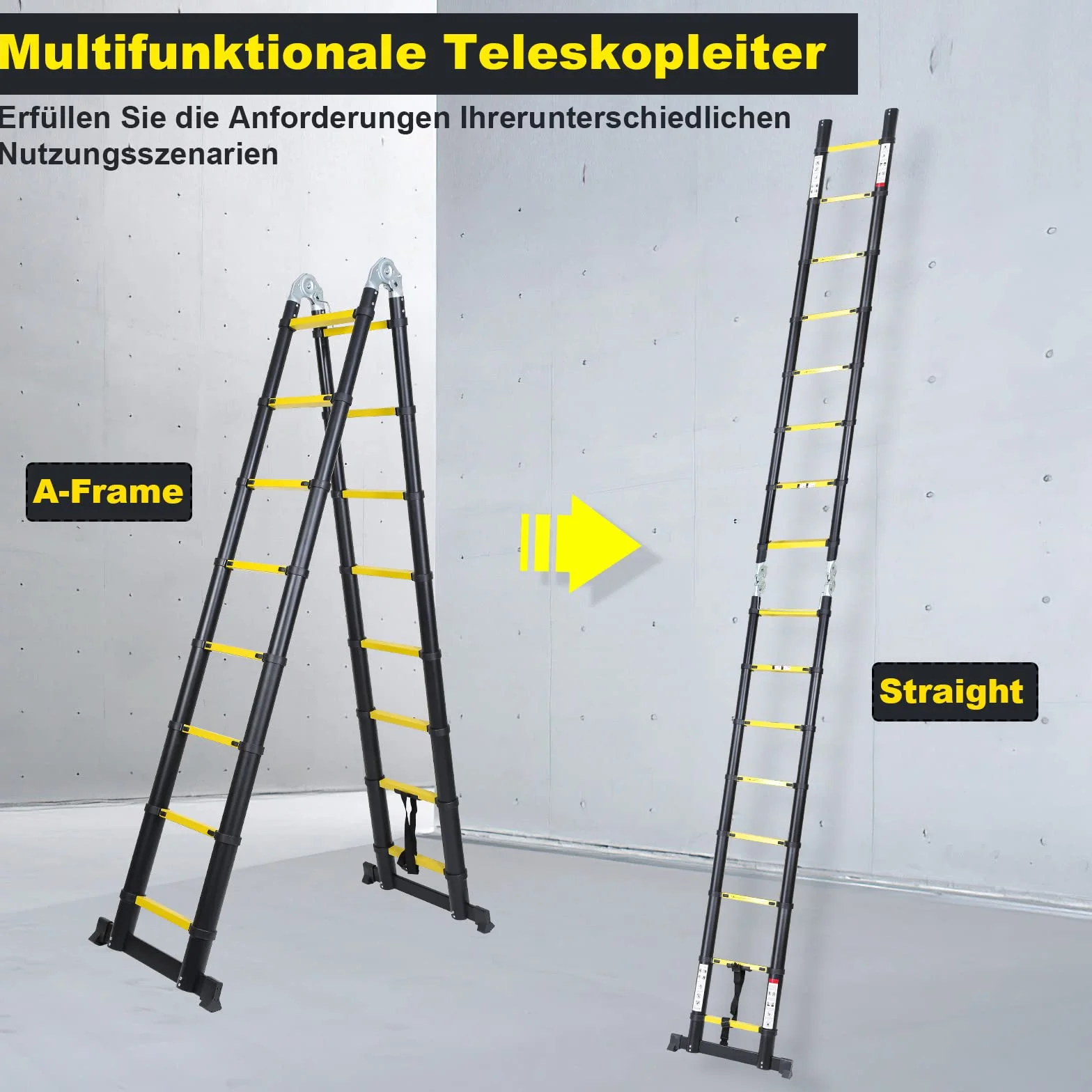 Randaco Składana drabina teleskopowa, 5 m, aluminiowa, wielofunkcyjna, teleskopowa, wysuwana, składana, antypoślizgowa, maks. obciążenie 150 kg, czarno-żółta