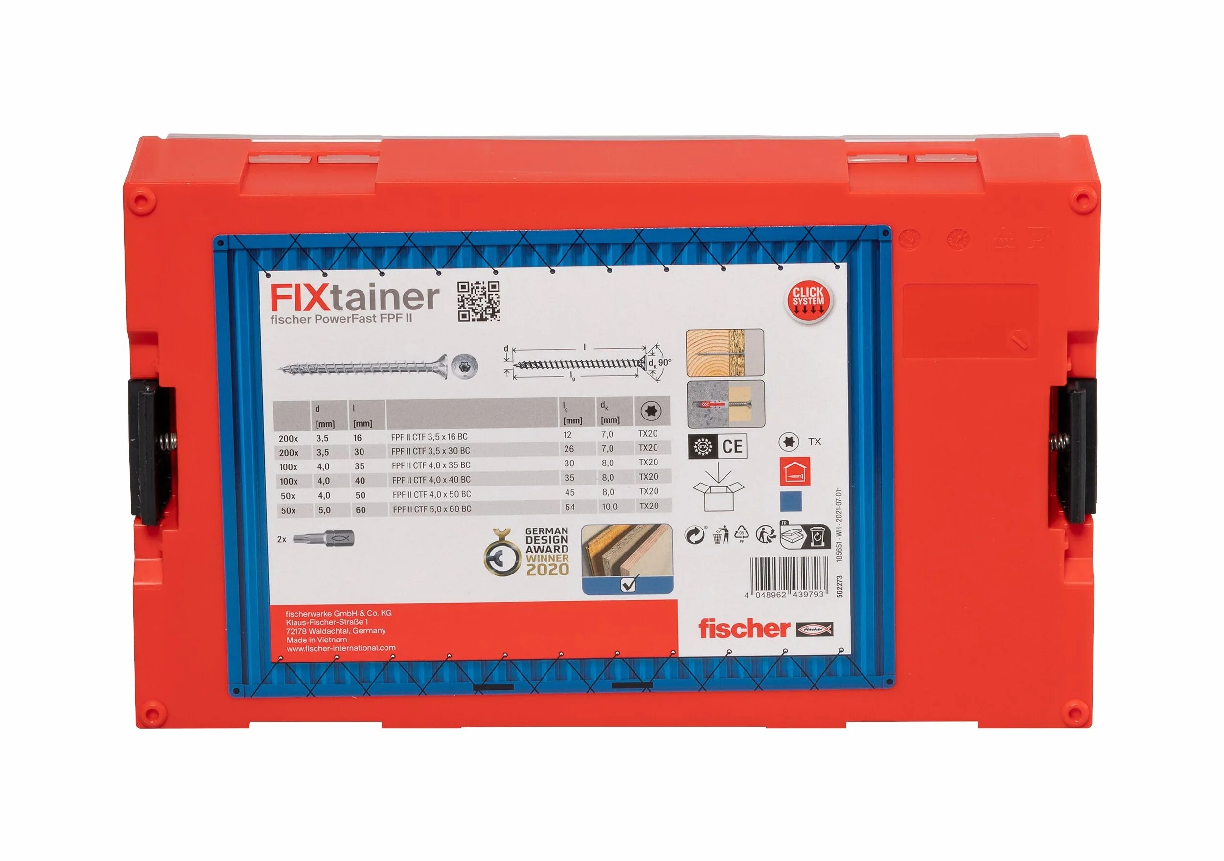 Wkręty do płyt wiórowych fischer FixTainer PowerFast II, wstępnie posortowane pudełko asortymentowe z 700 wkrętami i 2 końcówkami, łeb stożkowy, pełny gwint i napęd TX, uniwersalny zestaw mocujący