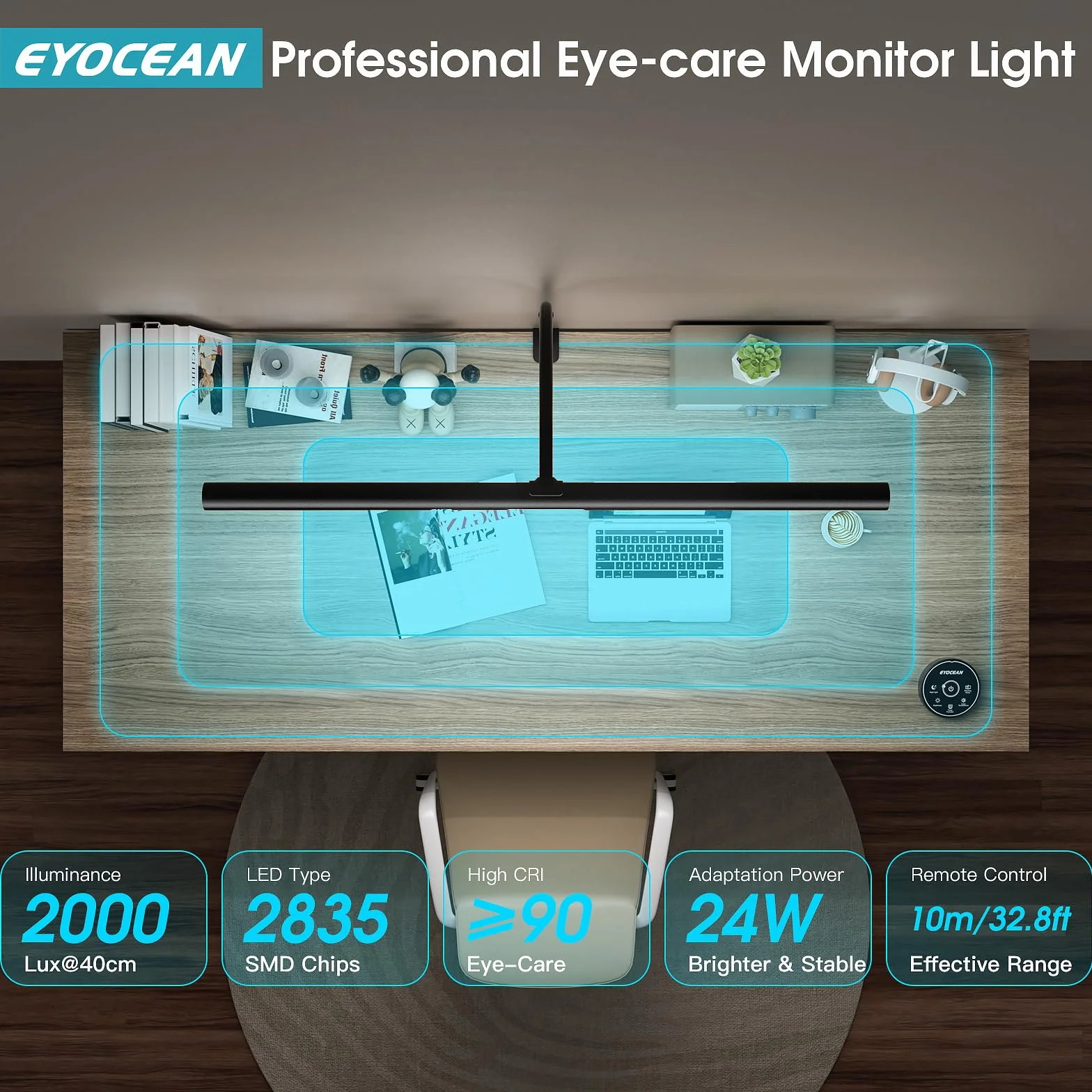 EYOCEAN Lampa biurkowa LED ze sterowaniem gestami i pilotem, 24 W, 80 cm, zaciskowa, ściemniana, światło dzienne, dla pracowników w biurze, czytających, architektów, krawców
