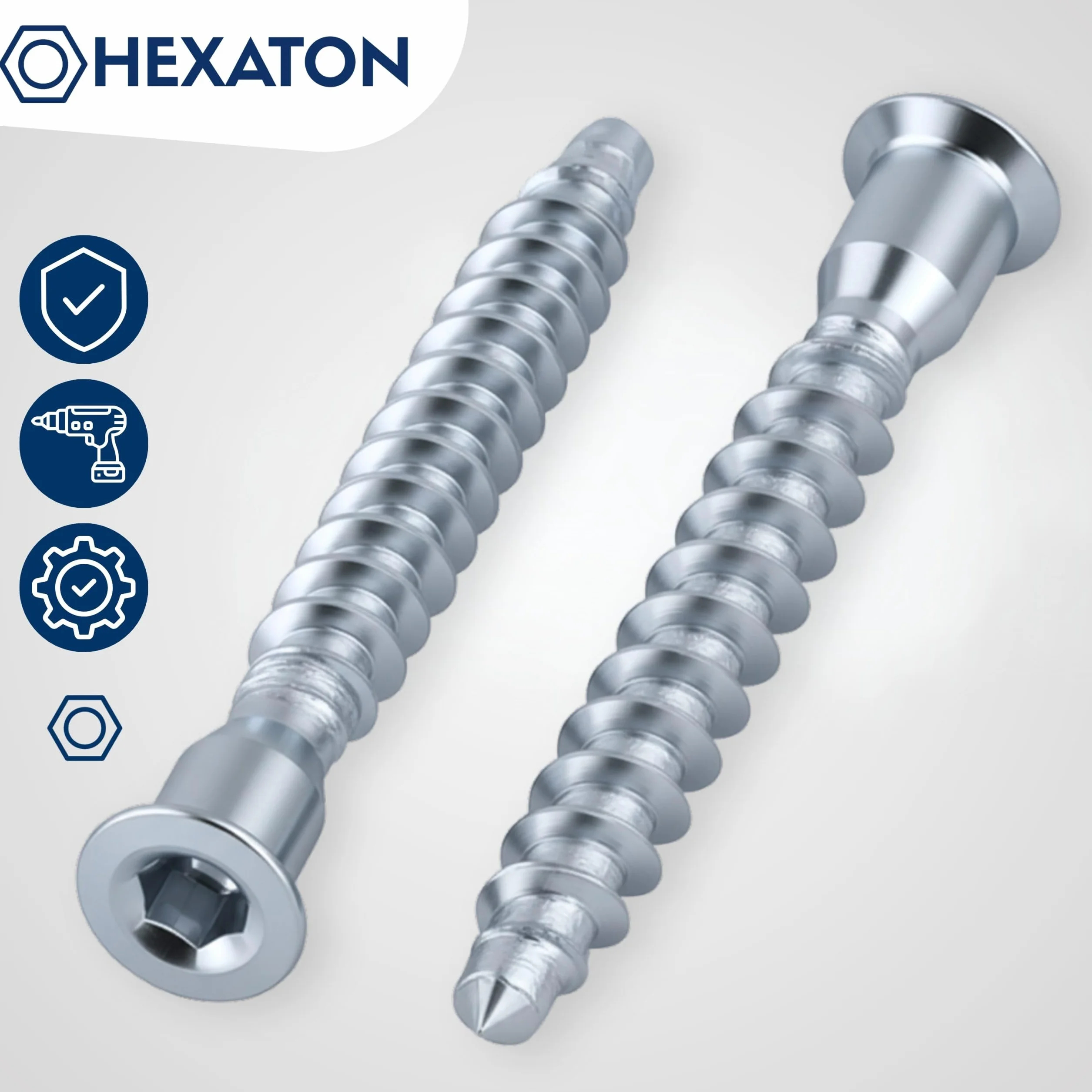 HEXATON Konfirmaty z Łbem Stożkowym Wgłębieniem Imbusowym 6,4 x 50 mm - 100 Sztuk - Ocynk Biały - Gwint na Całości
