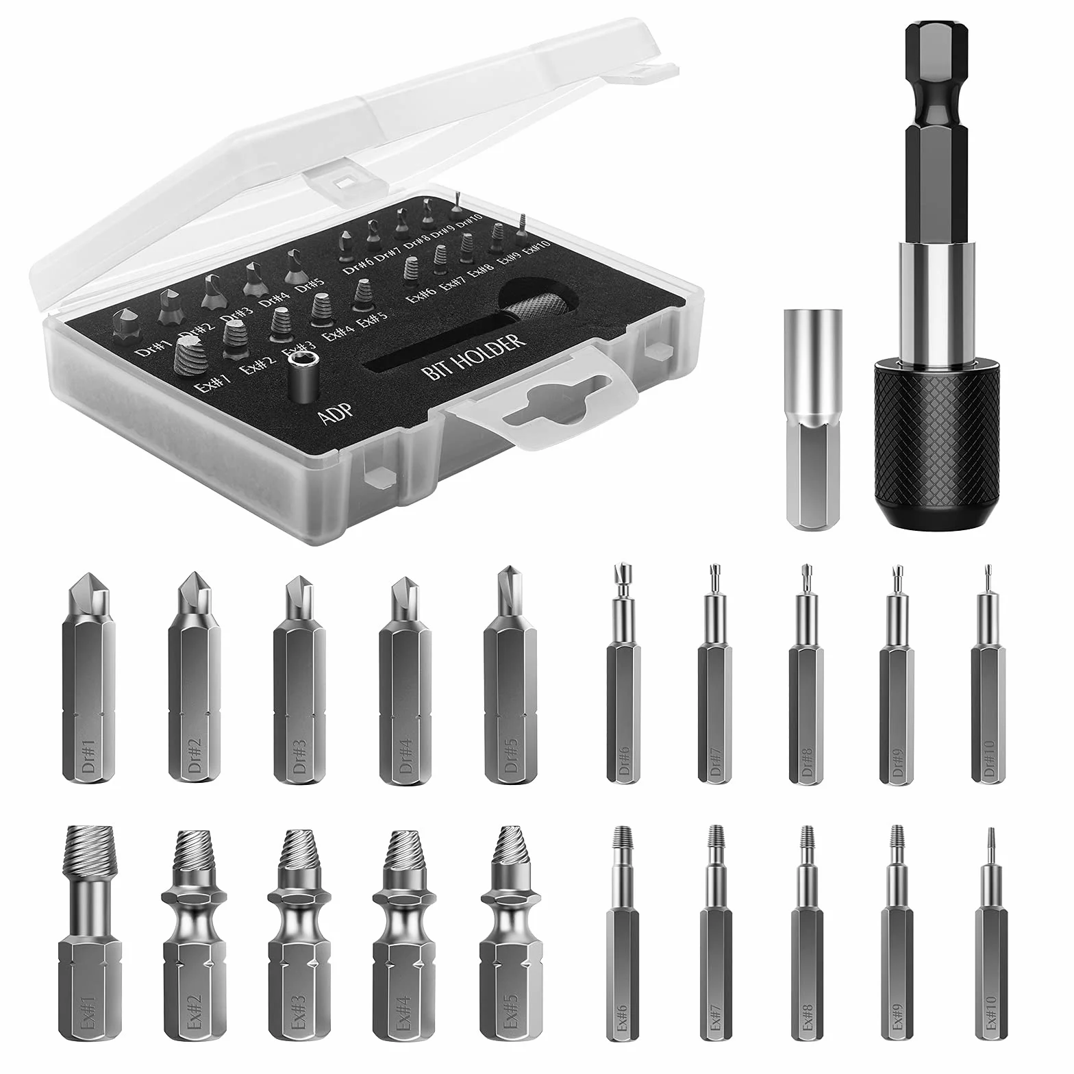 Nuovoware Zestaw do wykręcania uszkodzonych śrub, 22 PCS Zestaw do łatwego wykręcania zerwanych śrub, uniwersalny zestaw do wykręcania zerwanych śrub HSS z uchwytem na końcówki przedłużające