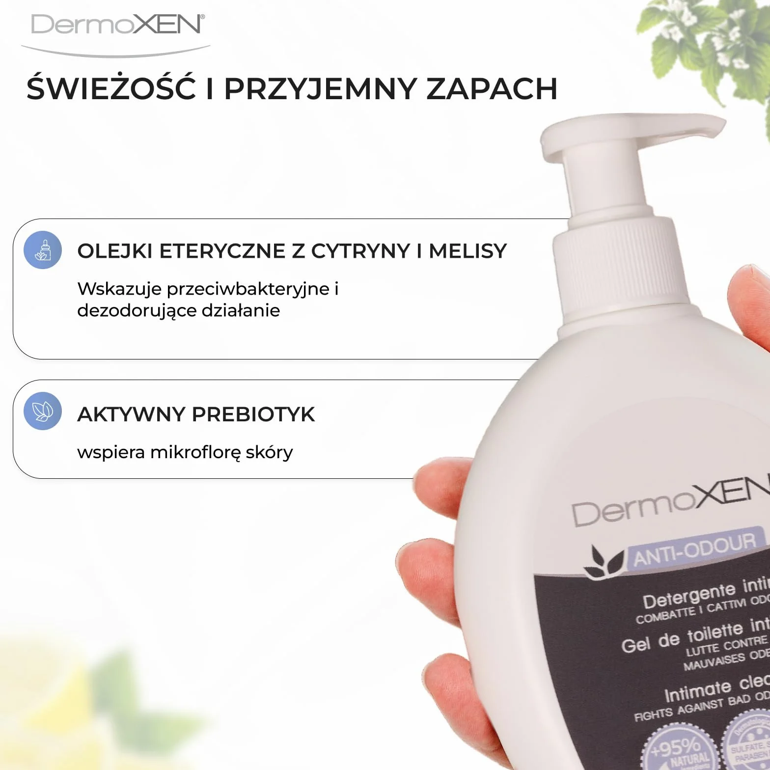 Dermoxen Detergent do bielizny dla kobiet przeciwzapachowych na Candida, miesiączkę i nietrzymanie moczu. Włókna prebiotyczne i melisy przeciwko nieprzyjemnym zapachom intymnym. Bezpieczny w ciąży