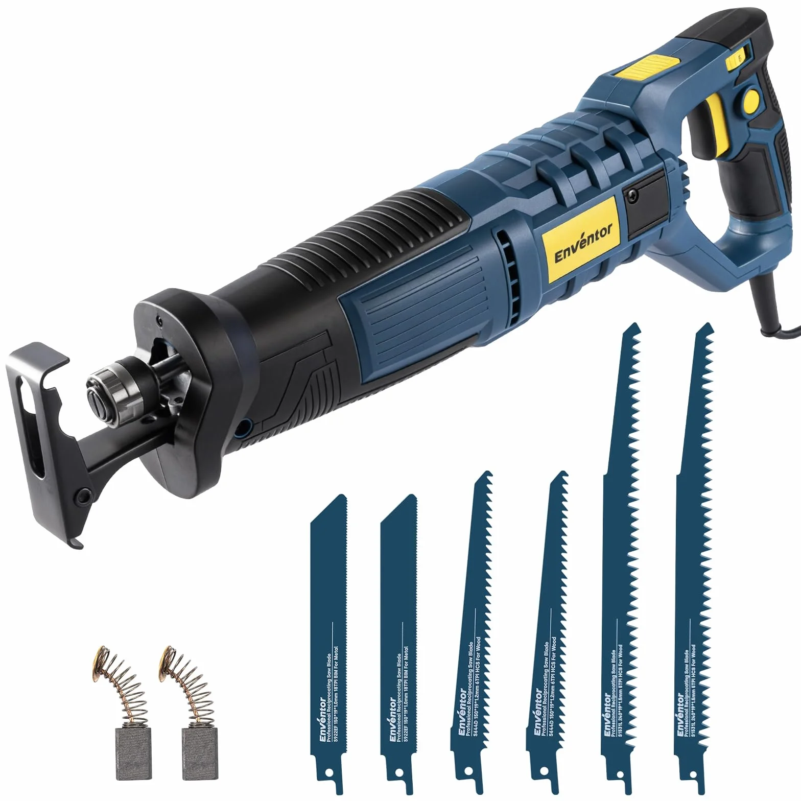 Enventor Piła szablasta 850W z 6 brzeszczotami, regulacja 0-2800 SPM, długość skoku 28mm, beznarzędziowa wymiana brzeszczotu, 180-stopniowy obrót uchwytu, do cięcia drewna, PCV i metalu