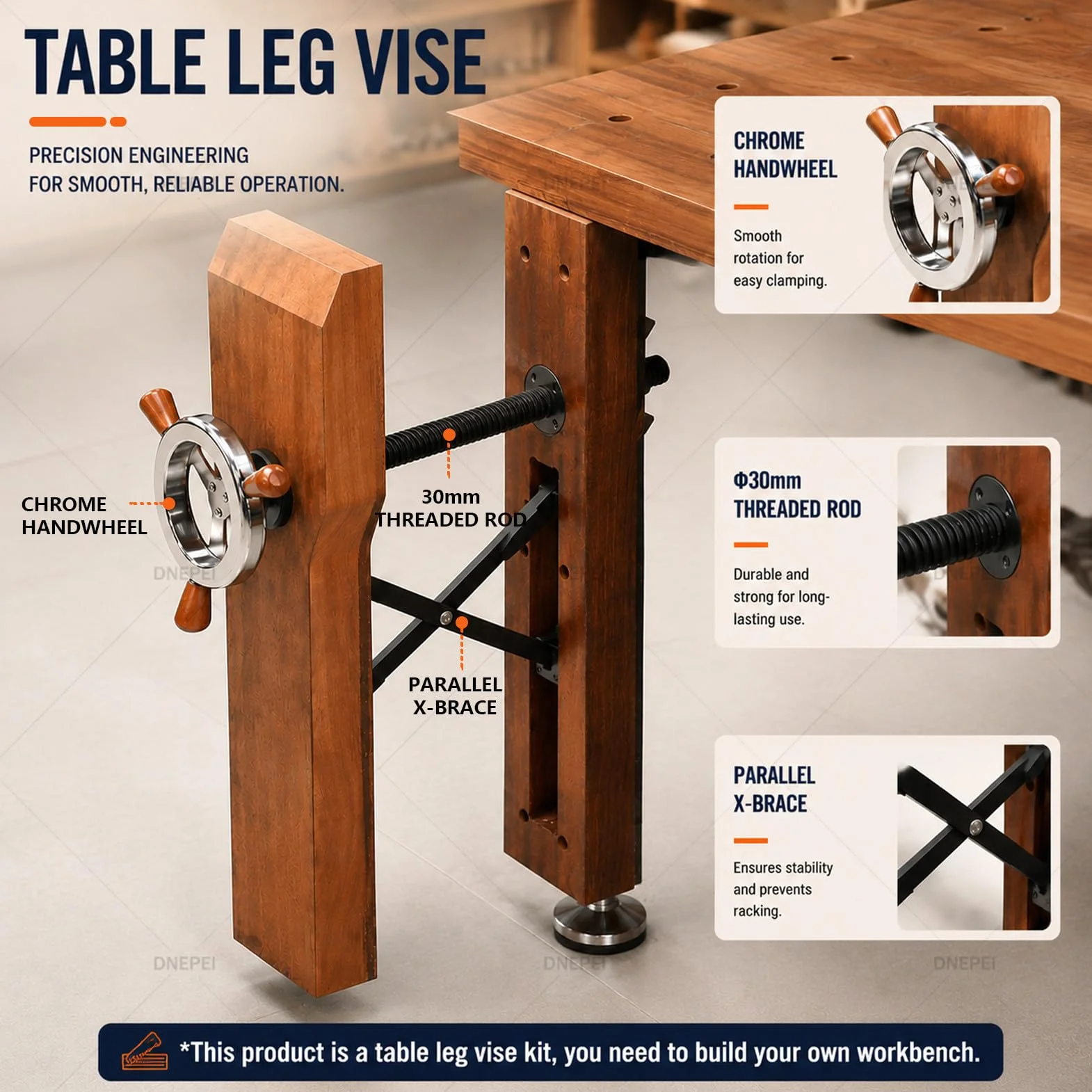 Kompletny zestaw osprzętu do imadła typu „leg vise” z pokrętłem Silver | Imadło równoległe typu „leg vise” (montowane do nogi stołu), stal i stop aluminium, rozstaw szczęk 90–310 mm