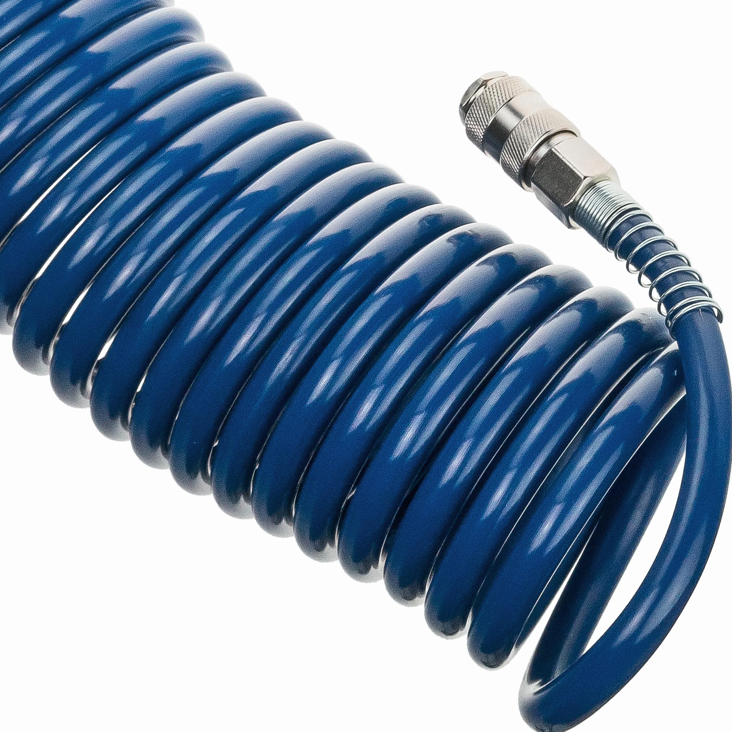 Wąż pneumatyczny SP-PE 15 m, elastyczny wąż spiralny Ø 8/12 mm, wąż powietrza PE, maks. ciśnienie 10 bar, z zabezpieczeniem przed zagięciem i szybkozłączką, do garażu i warsztatu