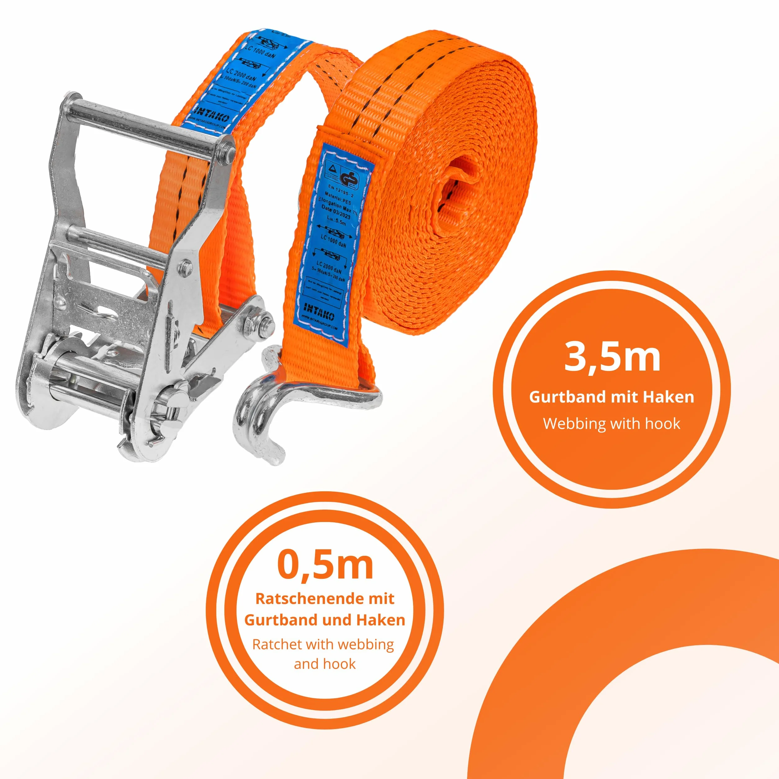 INTAKO Pas Transportowy z Napinaczem 4m x 2000kg x 35mm - Zestaw 4 Sztuk - Pasy Transportowe do Zabezpieczania Ładunków Motocykla 2t - Zgodny z Normą DIN EN 12195-2