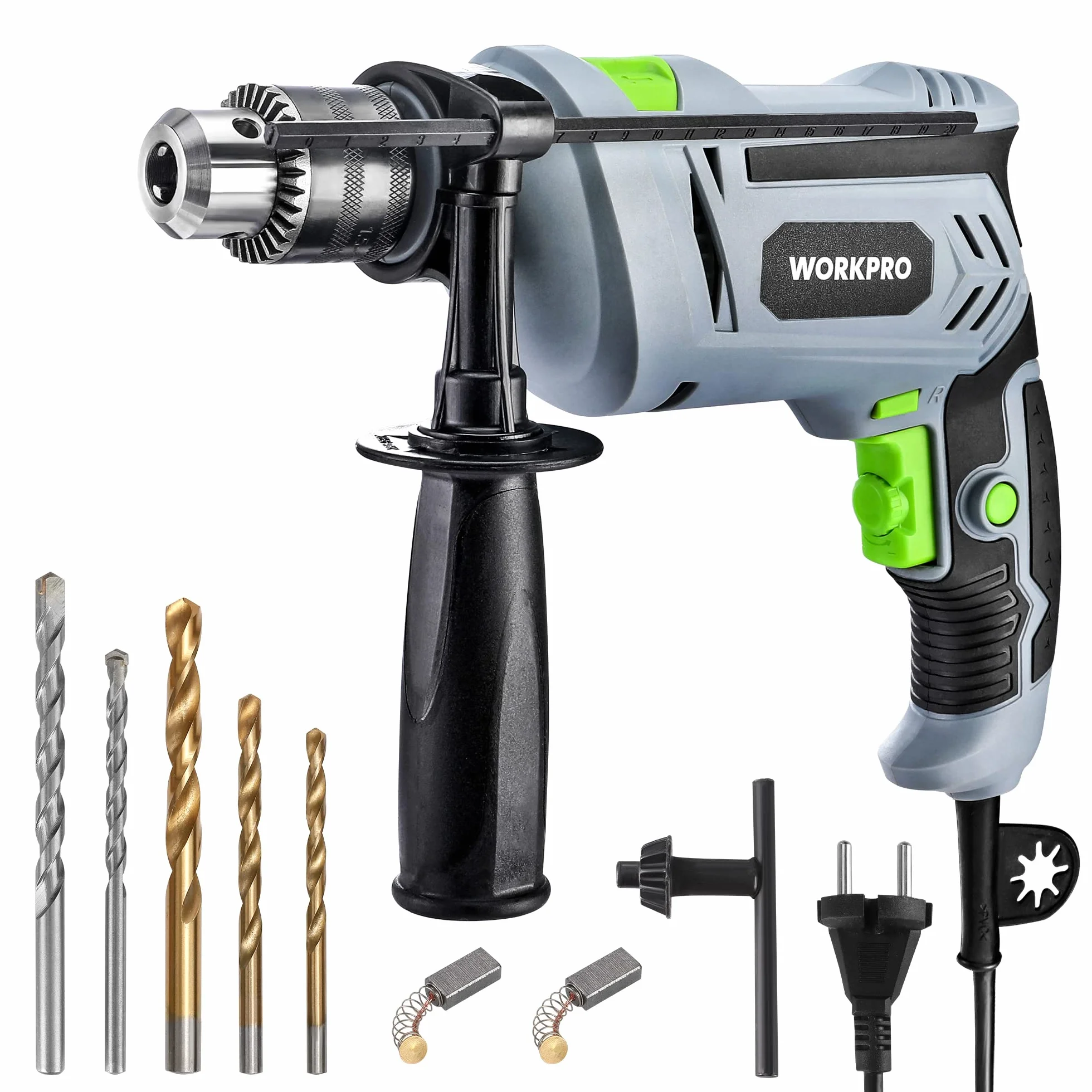 WORKPRO Wiertarka udarowa 850 W, wiertarka 3000 obr./min, młotek i wiertło 2 w 1 z uchwytem obrotowym 360°, uchwyt wiertarski 13 mm, w zestawie 3 wiertła spiralne i 2 wiertła do betonu