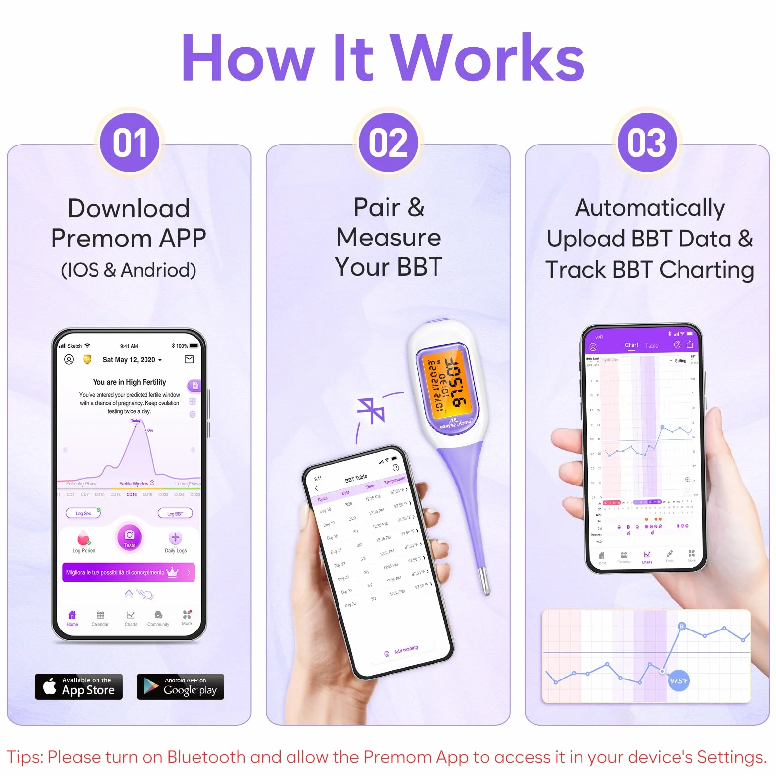 Easy@Home Inteligentny termometr bazowy duży ekran podświetlany lokalizator okresów fioletowy