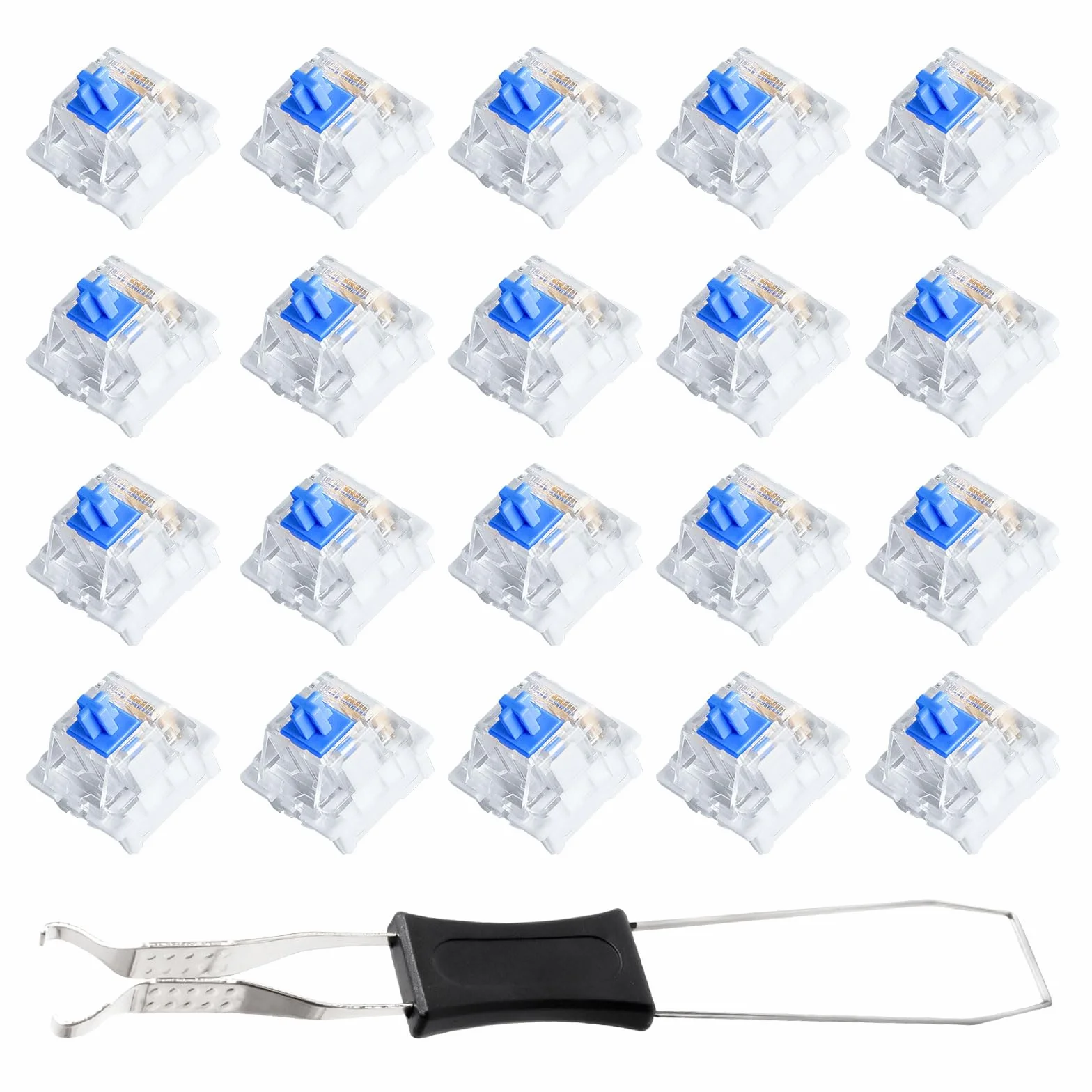 20 niebieskich przełączników klawiaturowych, przełączników klawiaturowych z wyciąganiem, 3 piny, zamiennik Blue Switch, przezroczysta obudowa do akcesoriów PC i klawiatur mechanicznych DIY