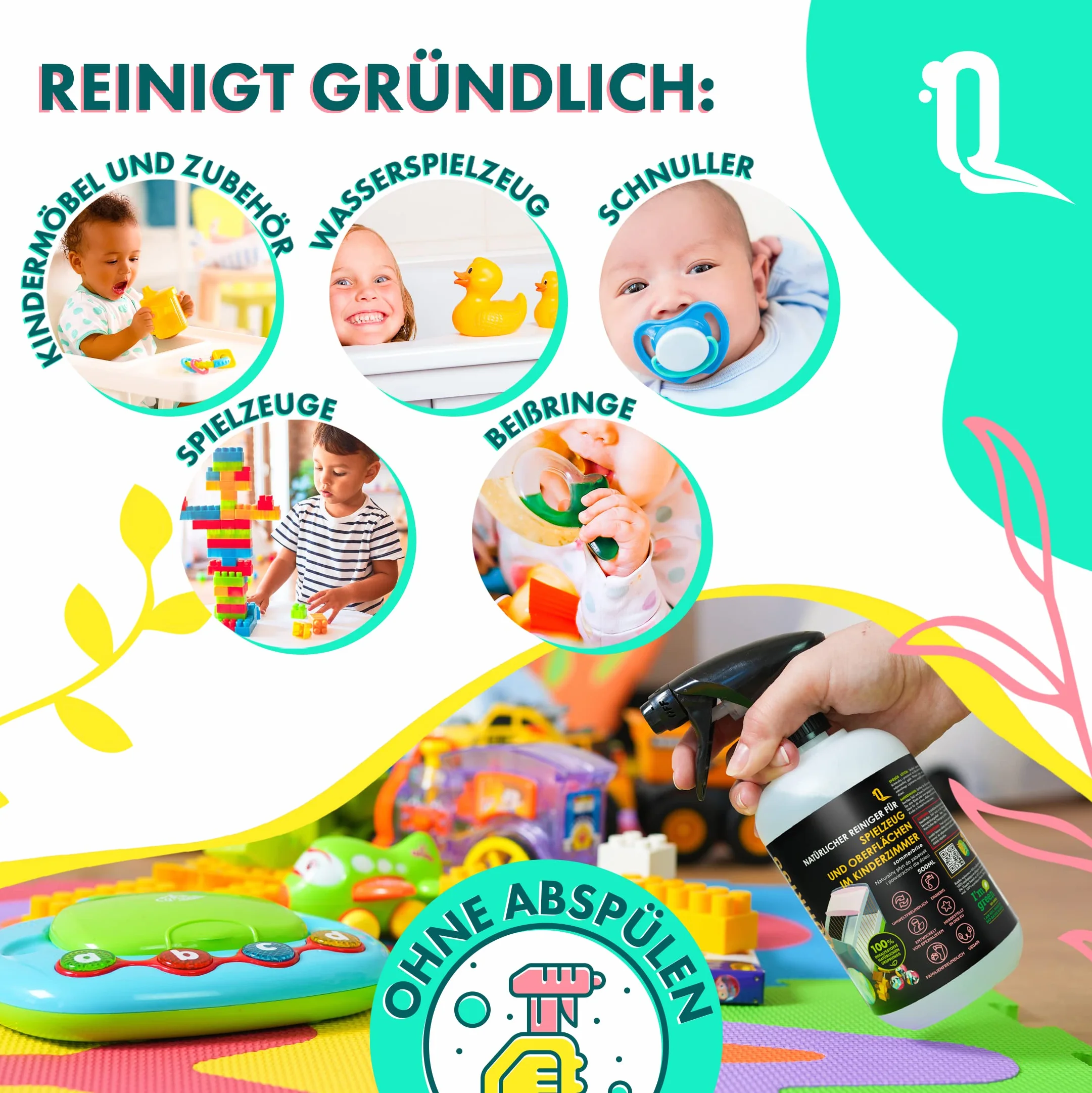 Naturalny środek czyszczący do zabawek i powierzchni w pokoju dziecięcym - spray higieniczny dla małych dzieci i niemowląt, mata, krzesło, stół, wegański, bez alergenów 500 ml