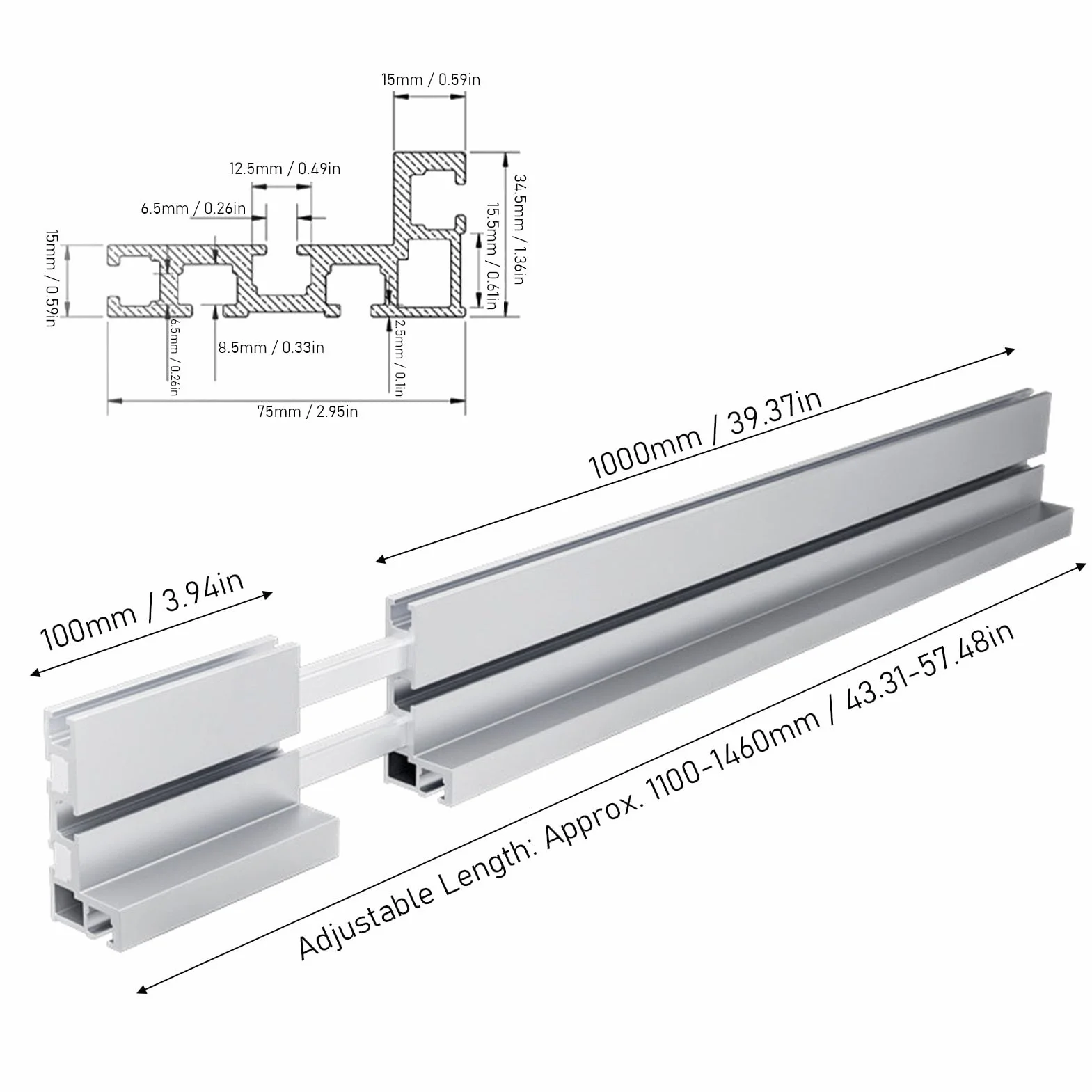 FTVOGUE Solidna Prowadnica Ukośna ze Stopu Aluminium, Regulowany System Prowadnic do Precyzyjnych cięć, Zakres Długości 1100–1460 Mm, Niezbędna Przy Projektach Związanych z piłą stołową i frezarką