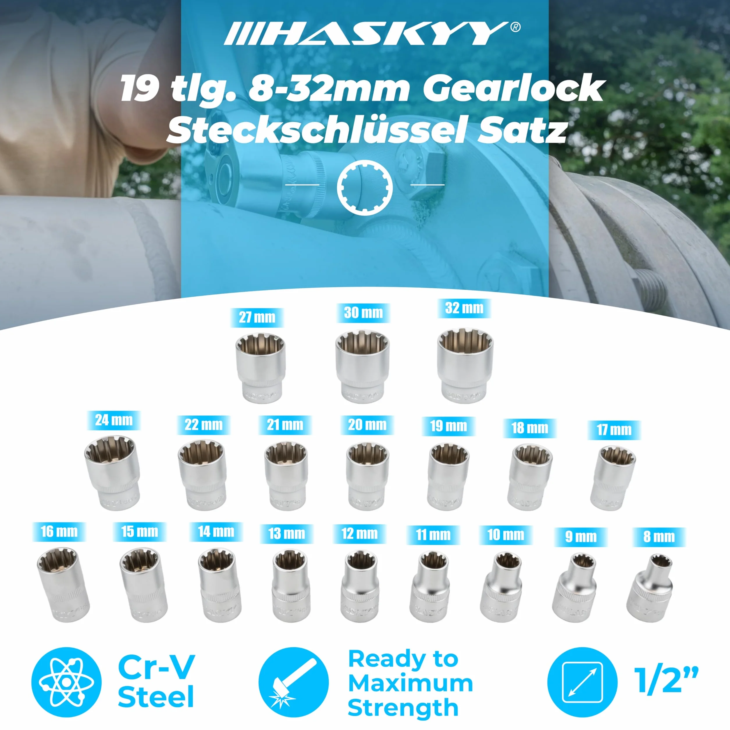 HASKYY Klucze nasadowe 1/2" Gear Lock 1/2" 8-32 calowy wielokątny nadruk Torx narzędzie zewnętrzne wewnętrzne nasadki zestaw 19 szt.