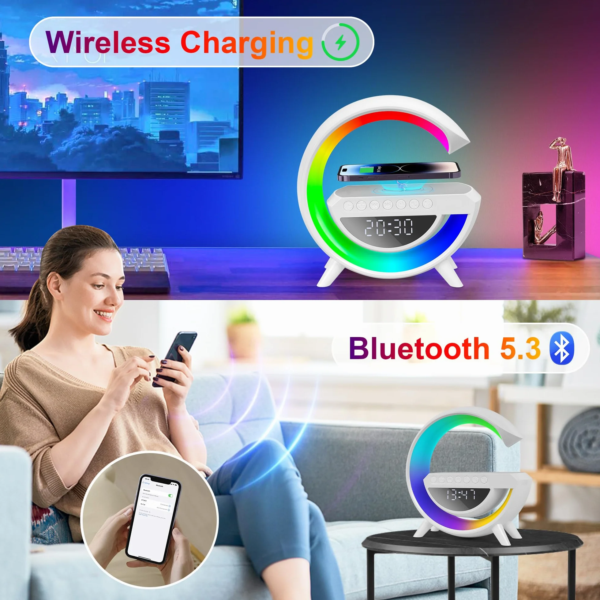 Bezprzewodowa lampa ładująca, wielofunkcyjna lampka nocna RGB, bezprzewodowa stacja ładująca, głośnik Bluetooth, cyfrowy budzik do sypialni/kempingu / salonu