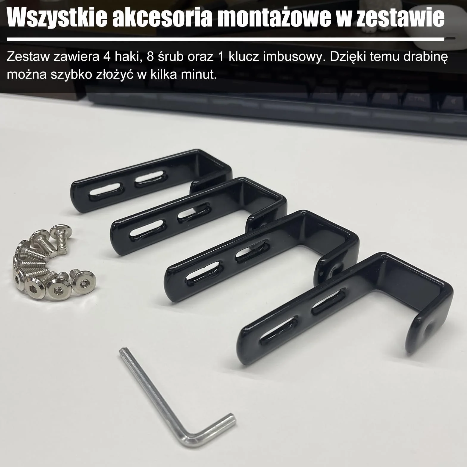 Czarna Drabinka do Łóżka Piętrowego, 140 cm, 4 Haki, Stalowa Konstrukcja | Wytrzymała, Udźwig 150 kg, Gładka bez Zadziorów, Stopki Antypoślizgowe, Elementy Montażowe i Narzędzie w Zestawie