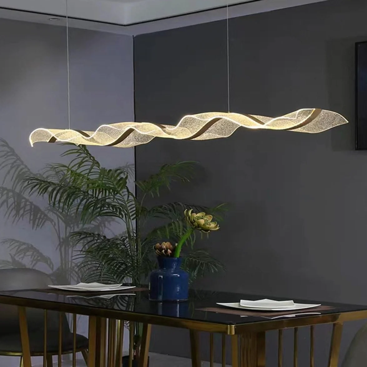 Nowoczesna lampa do jadalni wisząca złota fala oświetlenie sufitowe z pilotem zdalnego sterowania lampa do stołu jadalnego wisząca lampa sufitowa do salonu do wyspy kuchennej (D120 cm)
