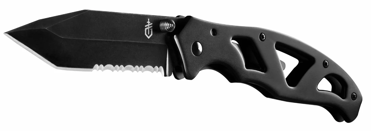 Gerber Składany nóż kieszonkowy ze szlifem częściowo falistym i klipsem kieszonkowym, długość ostrza: 8,9 cm, Paraframe II Tanto Folding Clip Knife, czarny, 31-003635