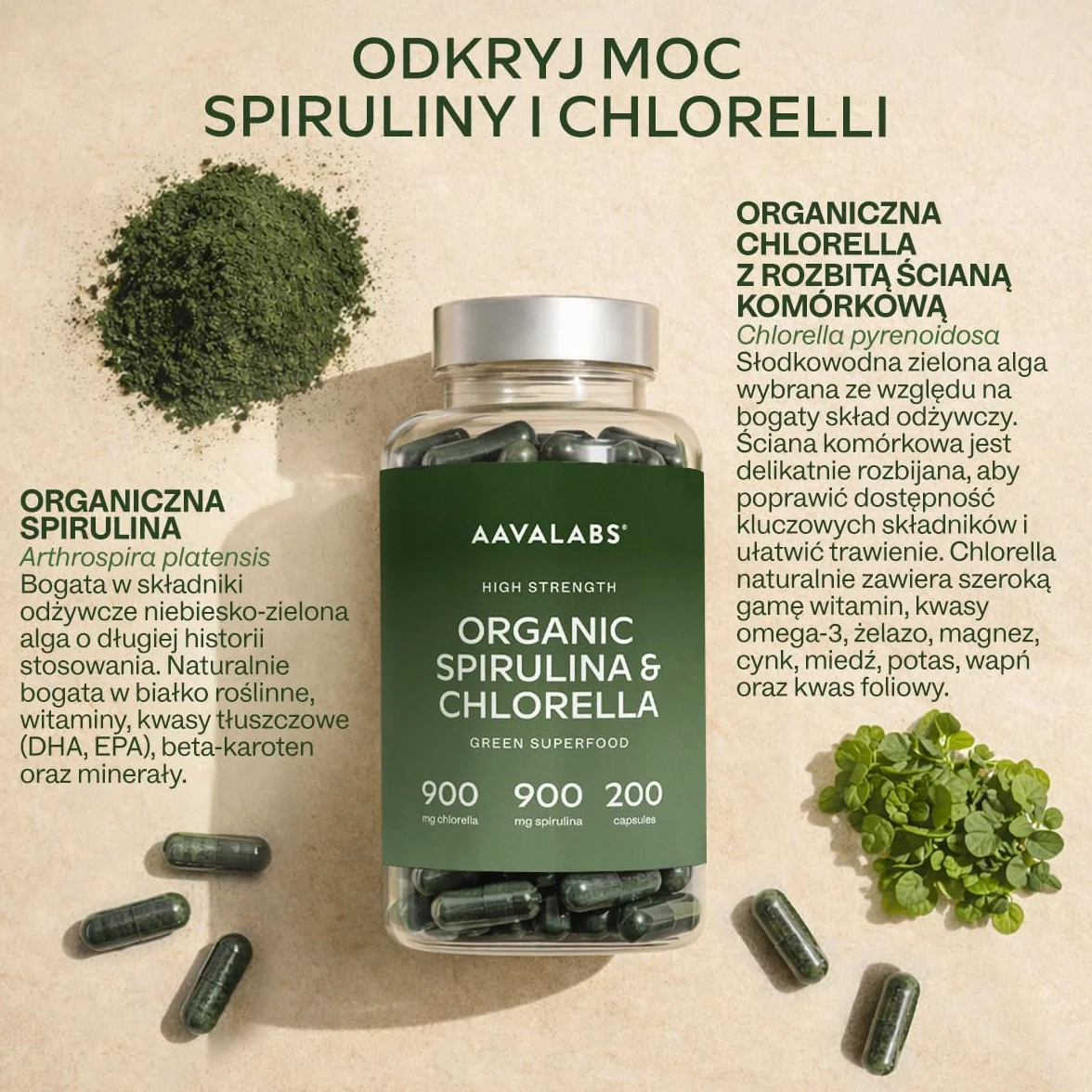 Spirulina i Chlorella 1800 mg Kapsułki - Mieszanka Fitoskładników z Niebieskich Alg - Wegańska Formuła