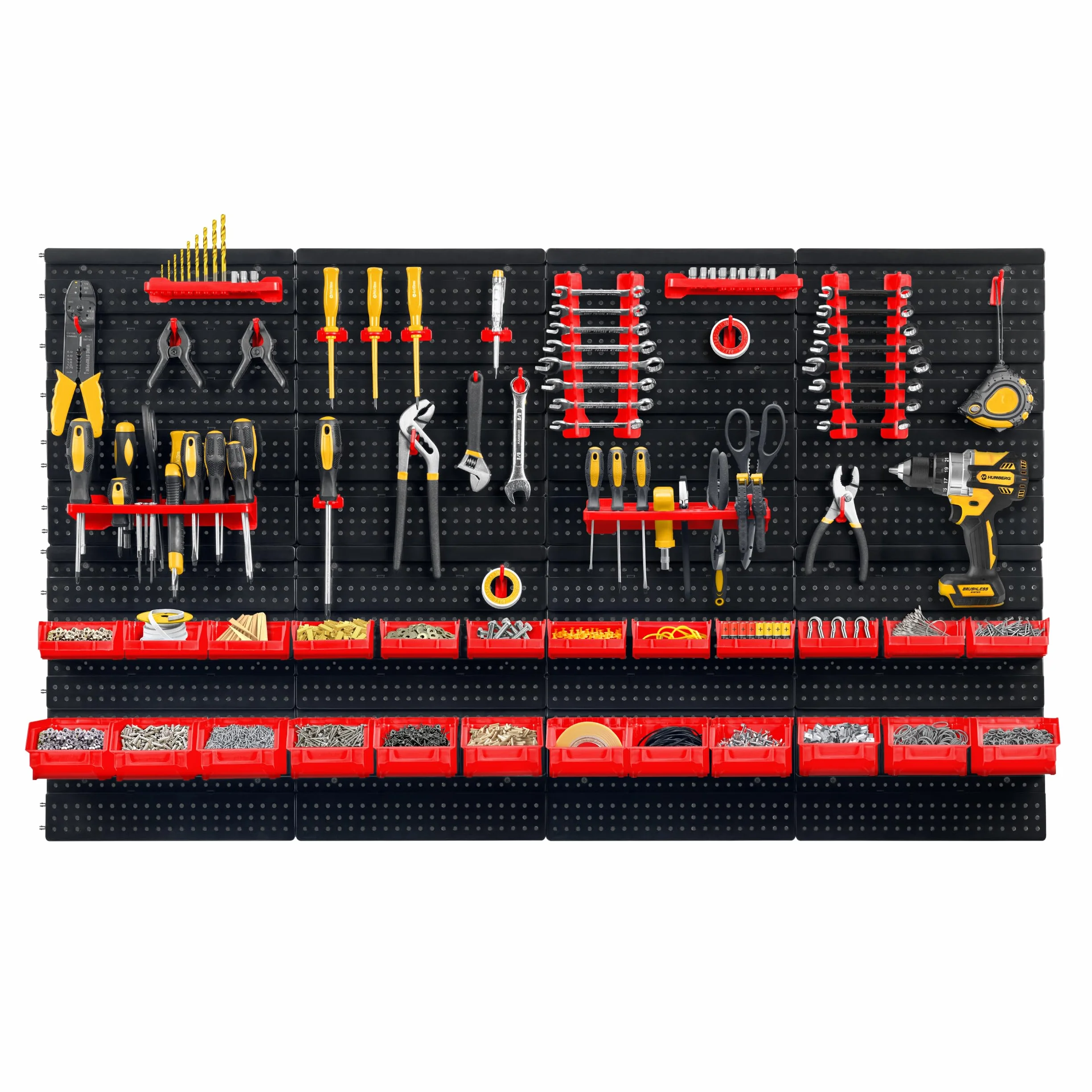 Humberg Ścianka Narzędziowa - Tablica Warsztatowa Perforowana - Regał Ścienny do Warsztatu i Garażu - 6 Modułów - 54 Elementy - Czarno-czerwony - 128 x 76 cm