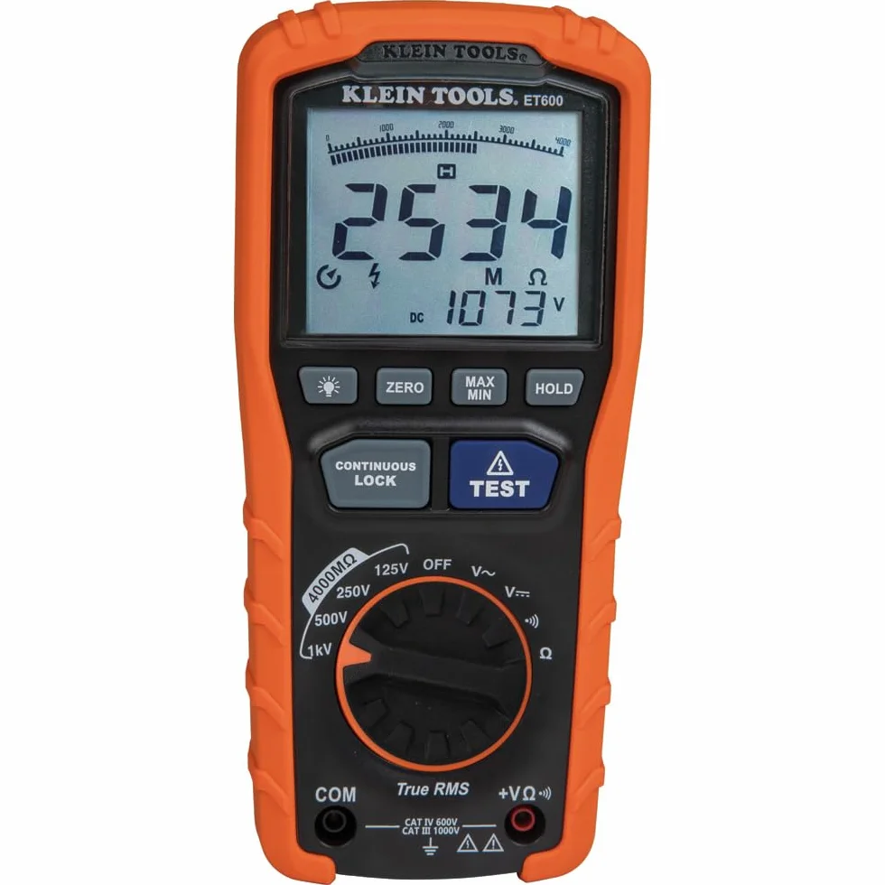 Megaomierz, miernik rezystancji izolacji, rezystor 4000 megaomów, napięcie testowe 125 V/250 V/500 V/1000 V, Klein Tools ET600