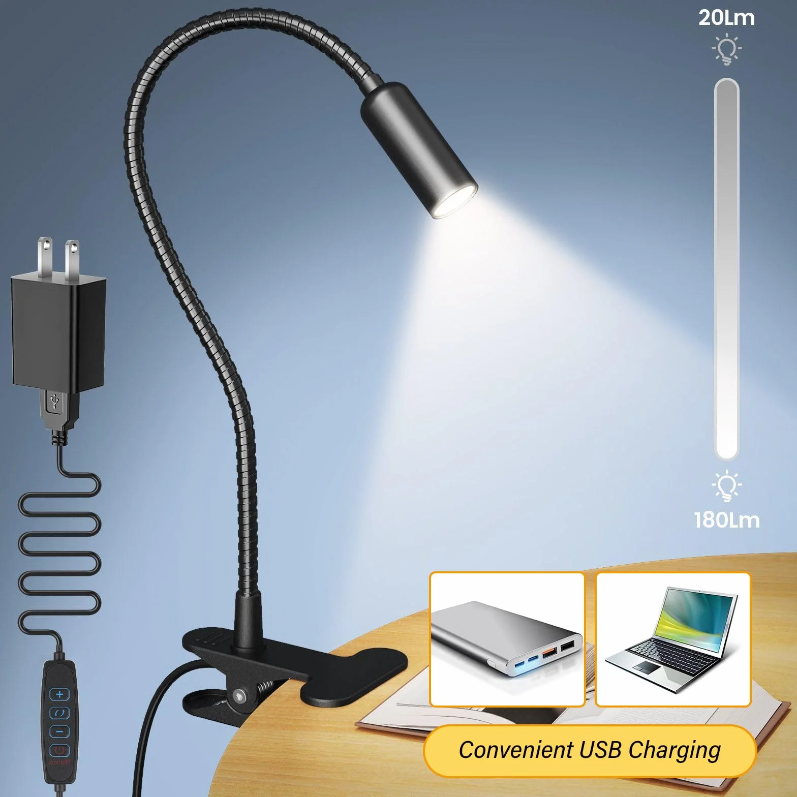 2 sztuki lamp zaciskowych LED z wtyczką, lampa biurkowa LED, zaciskowa, lampka do czytania książek, zacisk kablowy, lampka do czytania, zacisk do łóżka, elastyczna łabędzia szyja 360°, na biurko