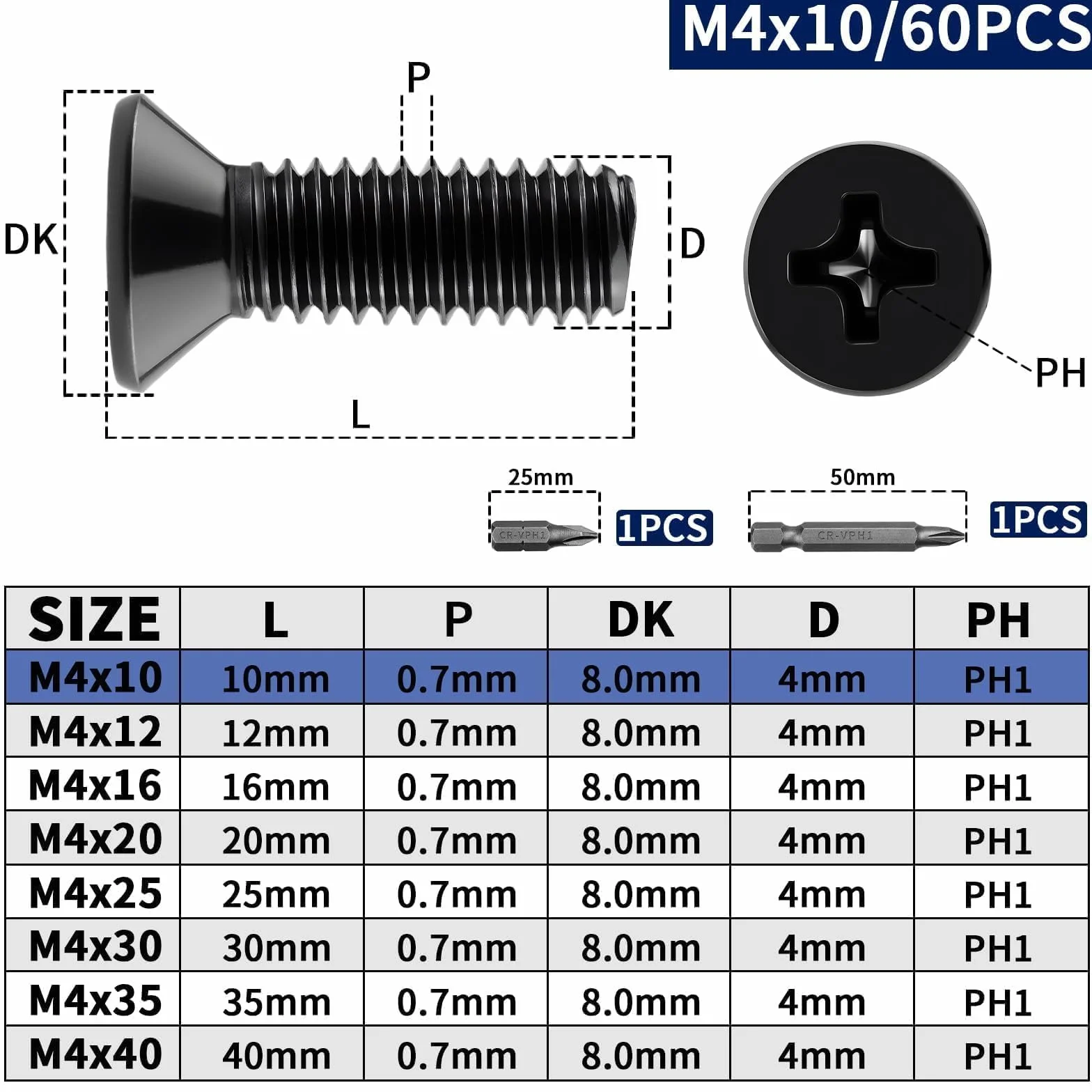 Mbsomnus 60 sztuk śrub z łbem stożkowym M4 x 10 mm, śruby z łbem stożkowym M4, śruby gwintowane z łbem płaskim do drzwi, okien, stołów, krzeseł, ogrodzeń