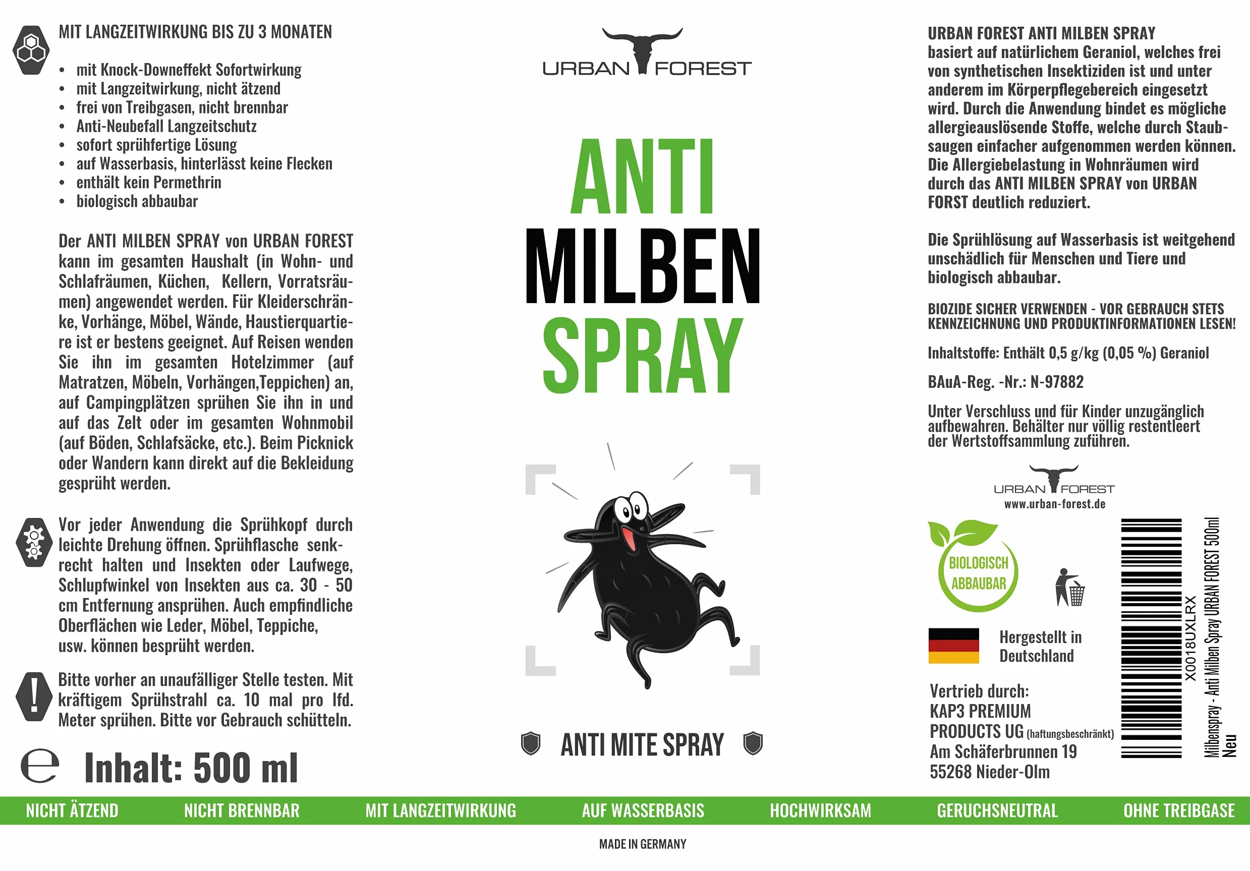 URBAN FOREST spray na roztocza do materacy i tapicerki | środek przeciwko roztoczom i bezwonny ochrona przed roztoczami o długotrwałym działaniu | spray na roztocza do łóżka i przeciwko roztoczom kurzu domowego | profesjonalny spray przeciw roztoczom 500
