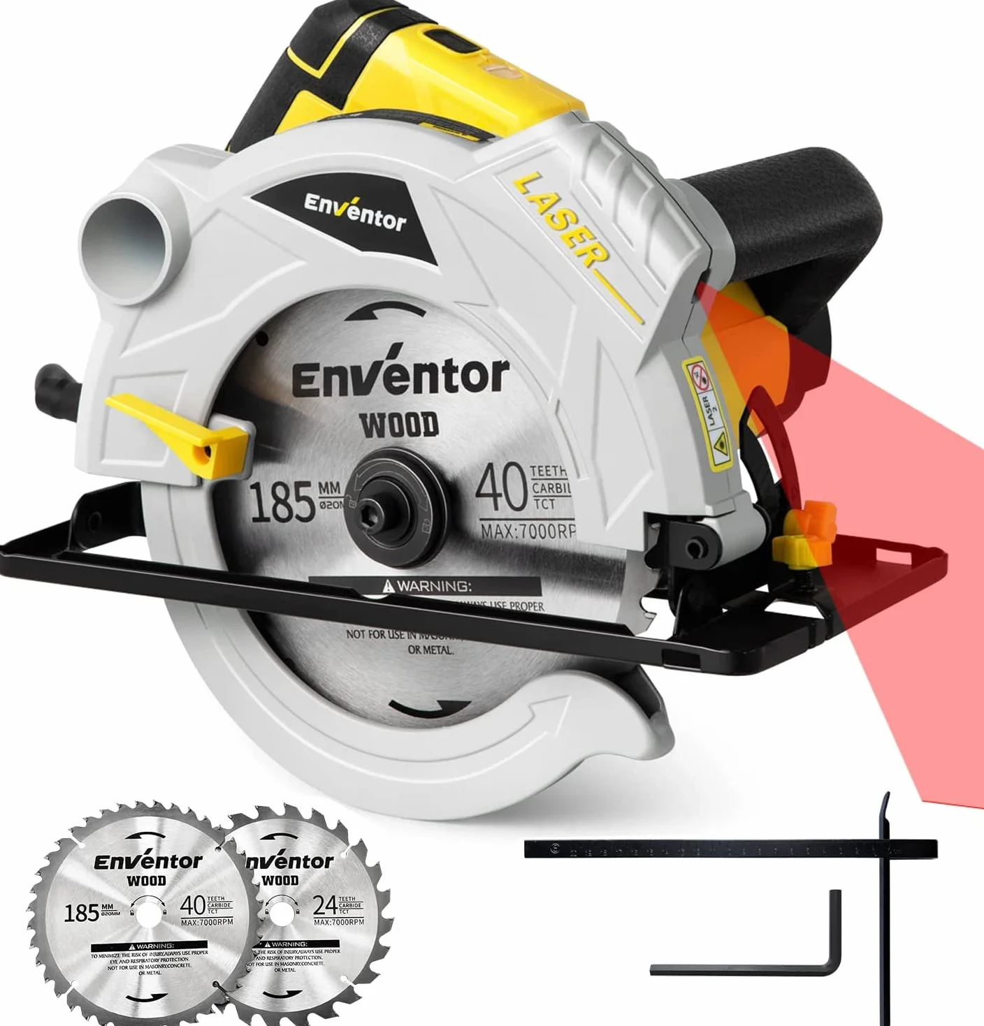 Enventor Piła tarczowa 1500 W 5500 obr./min prowadnica laserowa silnik z czystej miedzi 2 brzeszczoty 24 T + 40 T Ø185 mm