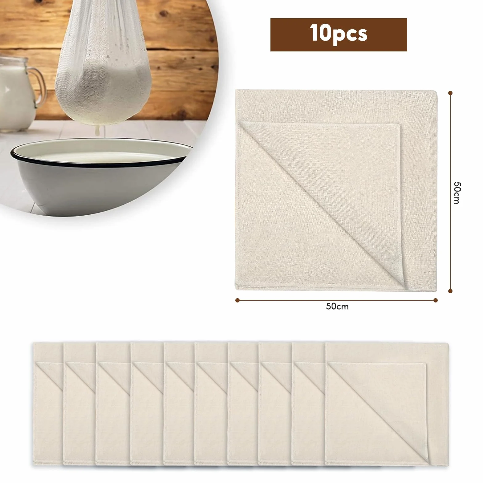 10 sztuk ręczników do sera, 50 x 50 cm, czysta bawełna 100, wielokrotnego użytku, niewybielana, do odcedzania płynów, produkcji sera, 10 sztuk