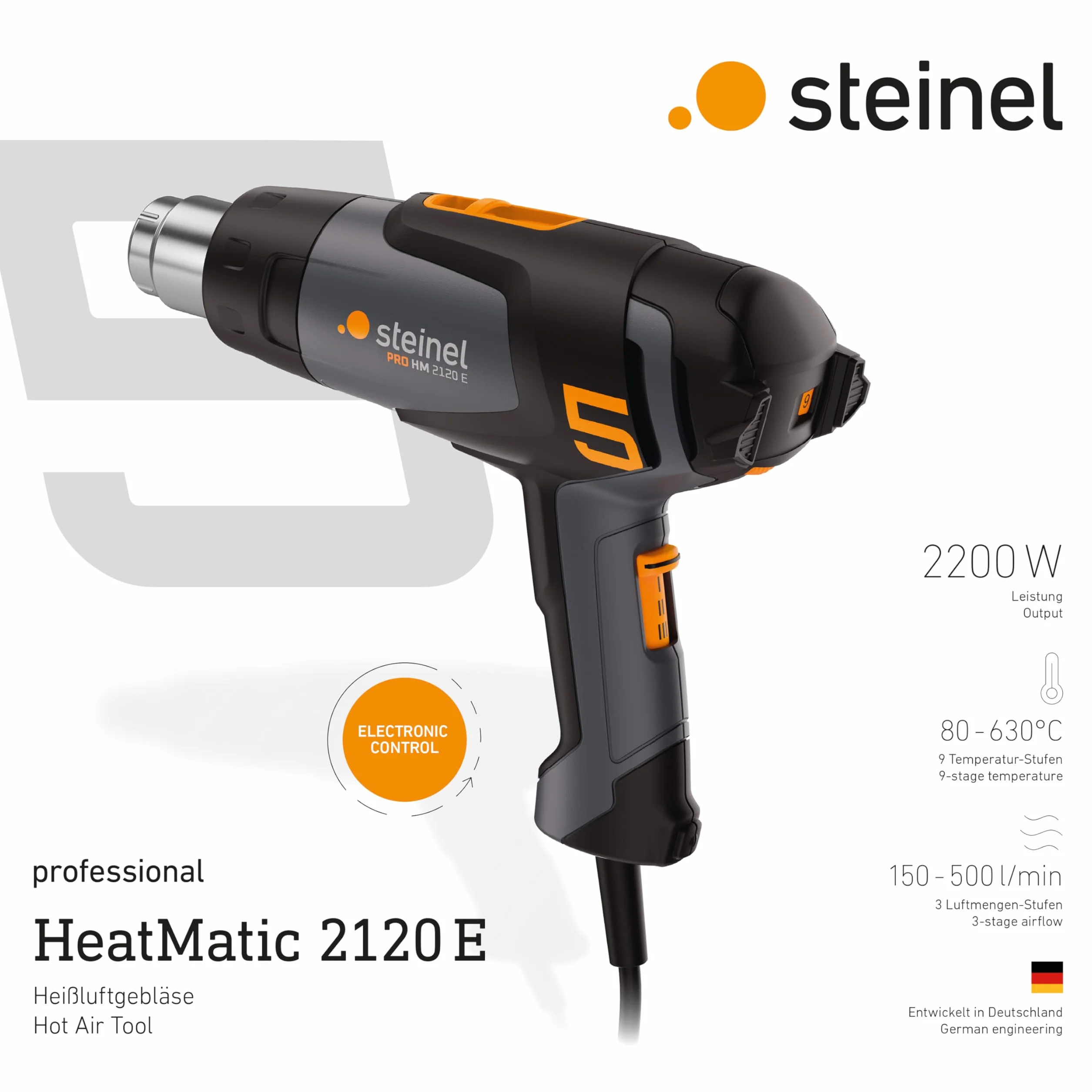 Steinel Opalarka HM 2120 E Zestaw do owijania samochodów | ze skanerem temperatury i kablem 7,5 m, opalarka 2200 W, 80°-650°C
