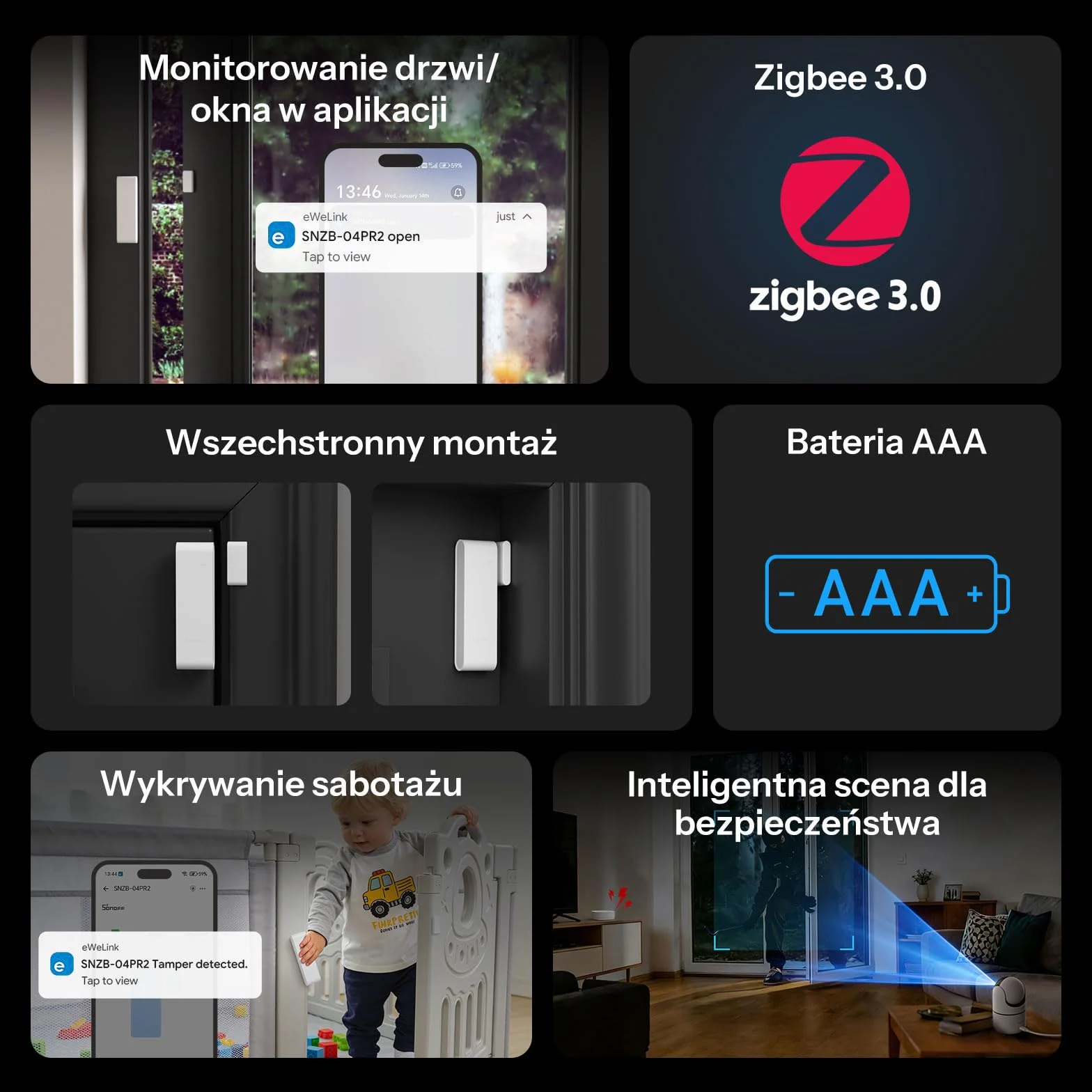 SONOFF SNZB-04PR2 czujnik okna Zigbee antysabotażowy kontakt okienny zestaw 4 szt.