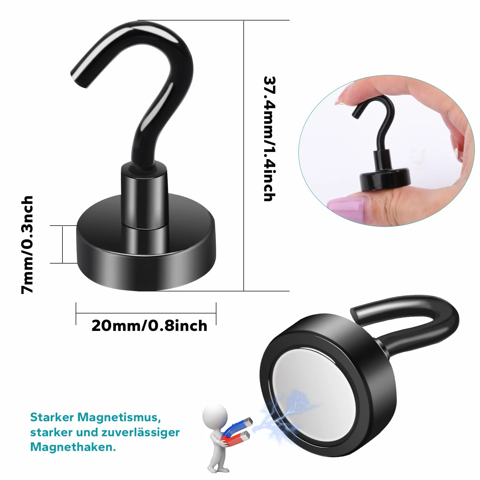 MIN CI 8 sztuk haczyków magnetycznych, ekstra mocne, 20 mm, czarne magnesy neodymowe, bardzo mocne magnesy z haczykiem, uchwyt magnetyczny, okrągłe haczyki kuchenne, na kemping, garaż, do kuchni,