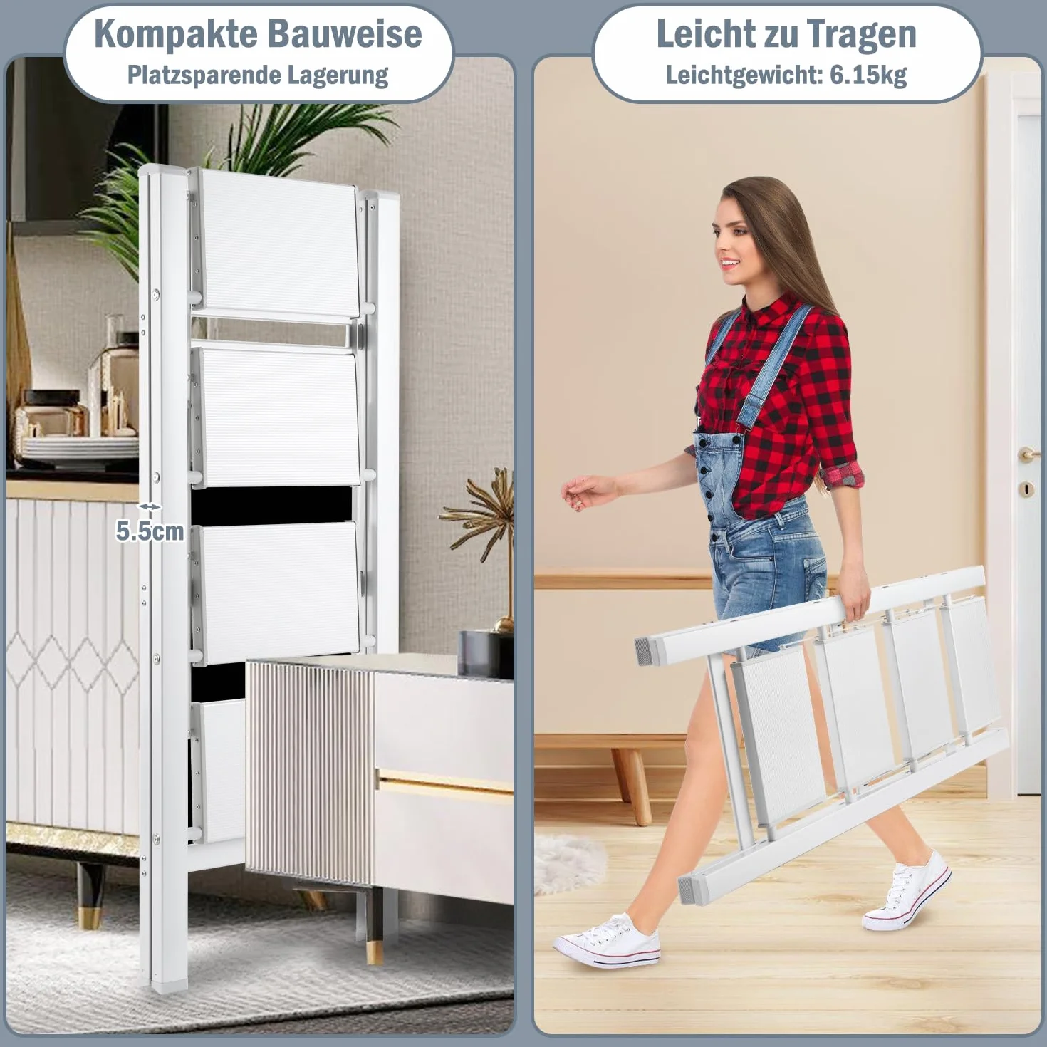 Eulenke Aluminiowa drabina składana, 4 stopnie, lekka, aluminiowa drabina schodowa, 4 stopnie, składana, antypoślizgowa drabina z zabezpieczeniem przed składaniem, składana drabina do domu, kuchni,