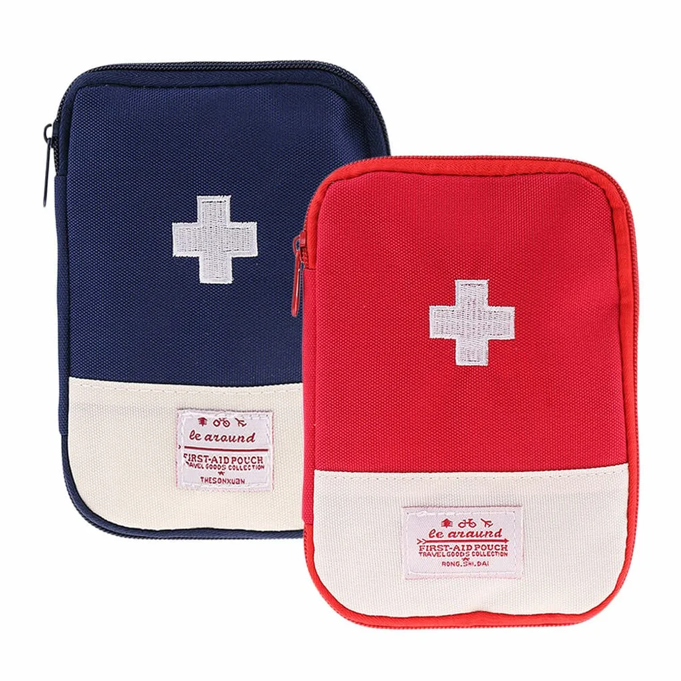 Mini apteczka pierwszej pomocy, 2 małe torby na leki, mały pusty kontener do przechowywania lekarstw