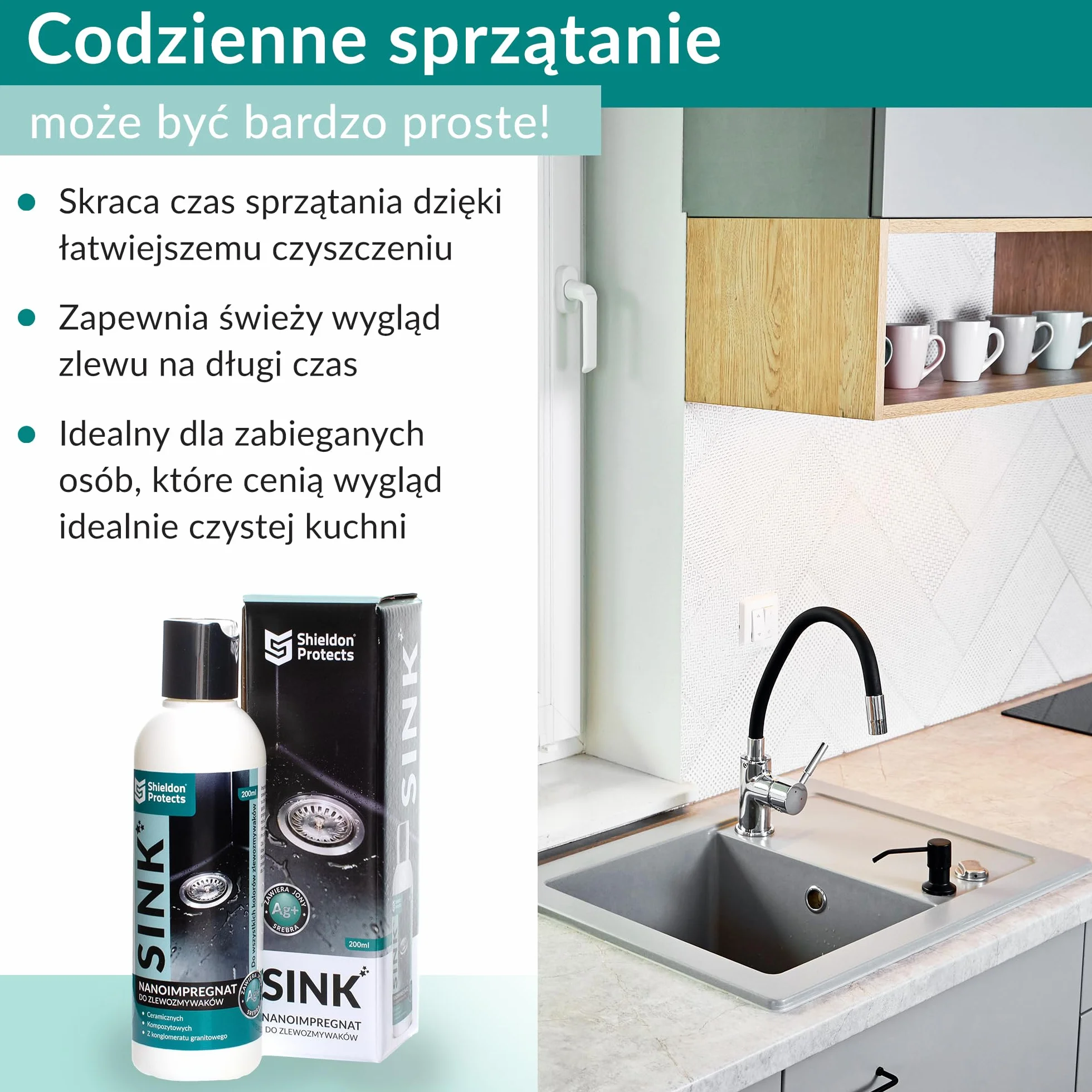 Shieldon Protects SINK – profesjonalny impregnat do zlewu granitowego i zlewozmywaków kompozytowych - powłoka hydrofobowa chroni przed tłuszczem, plamami i kamieniem, wzmacnia kolor i połysk – 200 ml