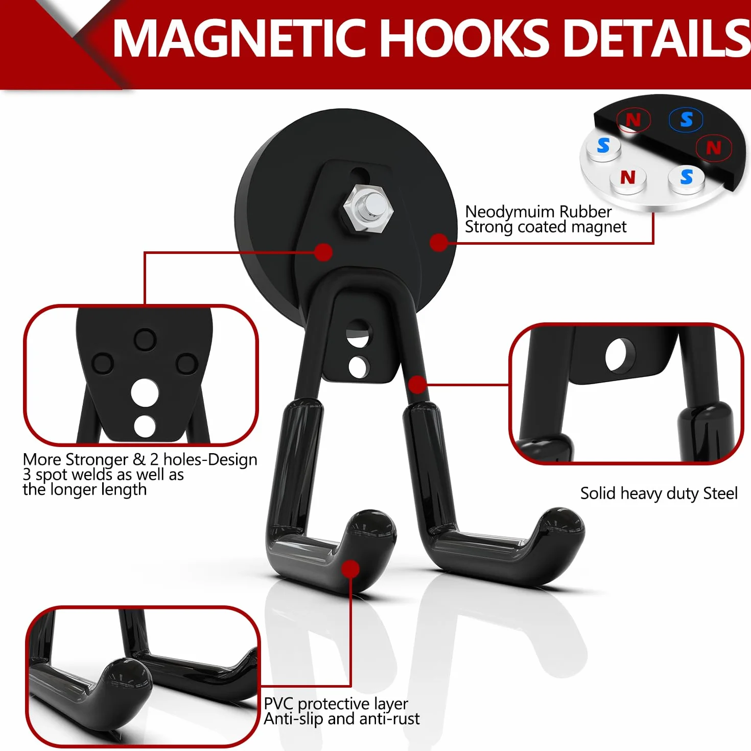 3-H Zestaw 4 magnetycznych haczyków garażowych (2 duże + 2 małe mocne haczyki magnetyczne), haczyk z magnesem do zawieszenia 20 kg na stół warsztatowy, do warsztatu, garażu, szopy, czarny