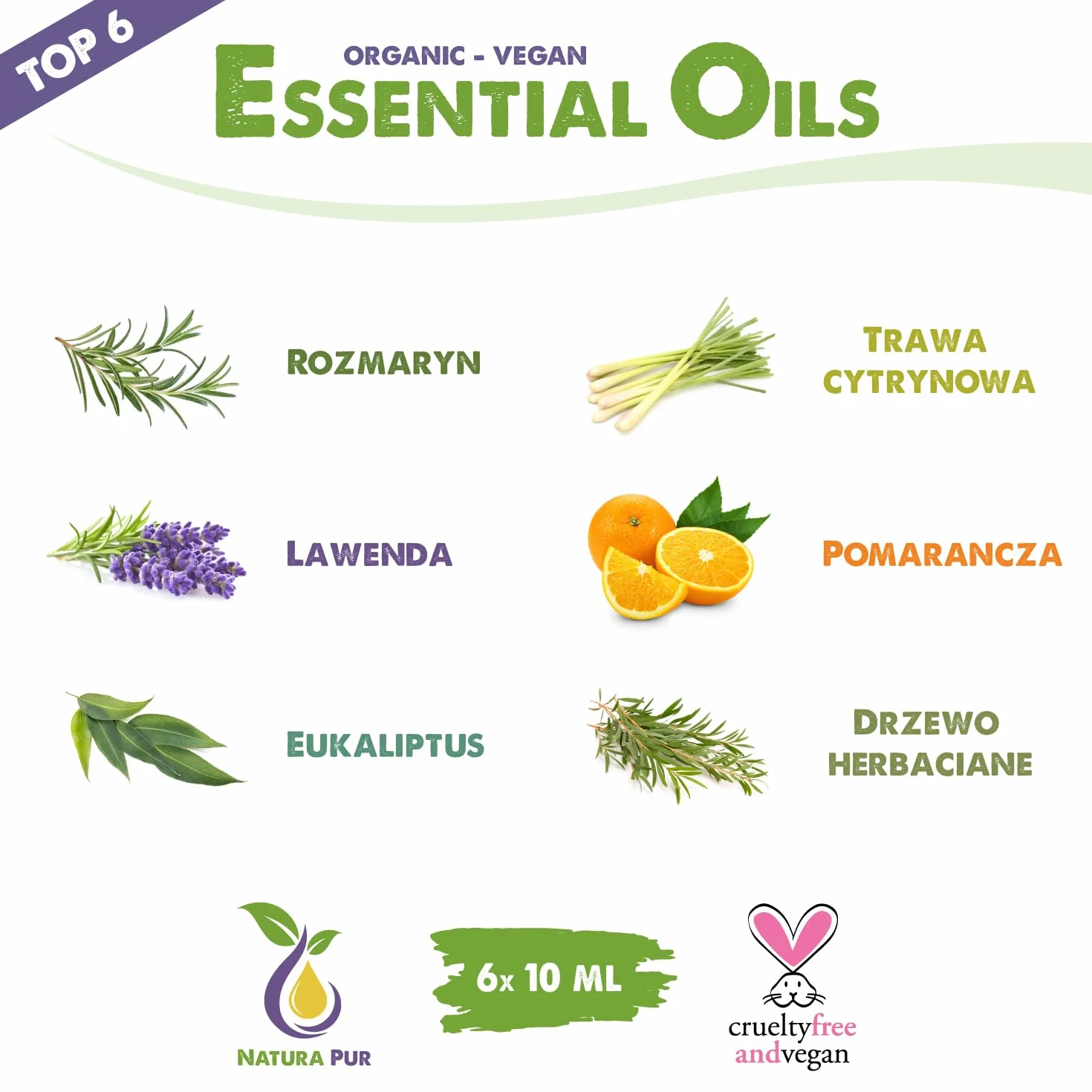 Zestaw Olejków Eterycznych 6 x 10ml Naturalne Olejki Zapachowe do Dyfuzora Aromaterapii Rozmaryn Lawenda Eukaliptus