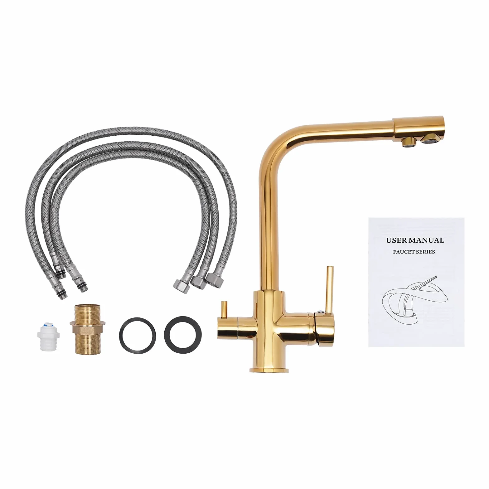 3-drożna bateria do wody pitnej, obracana o 360°, armatura kuchenna, filtr wody, kran 3 w 1, do kuchni, stal nierdzewna 304, kran do wody pitnej z 2 dźwigniami (złoty)