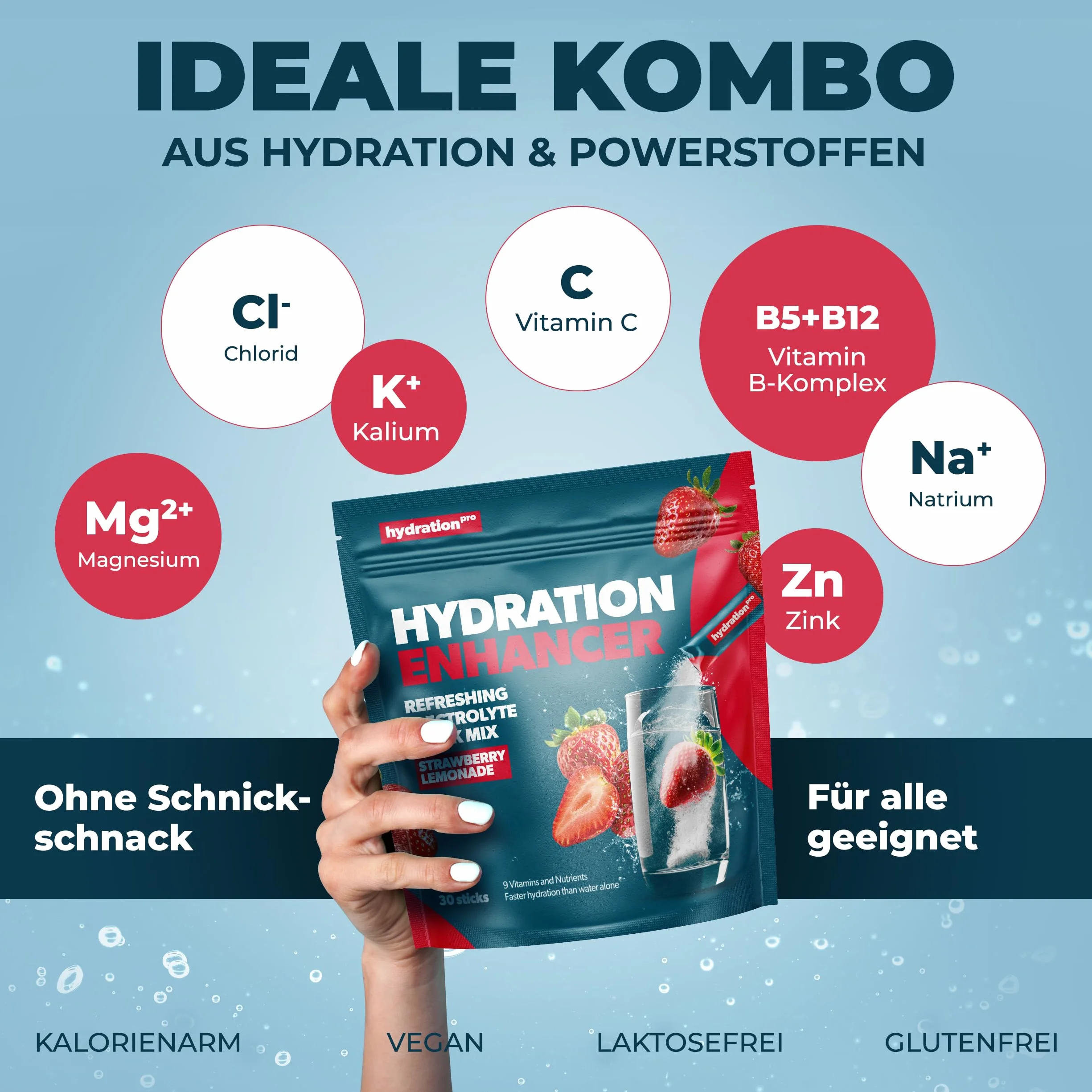 Proszek elektrolitowy - 30 saszetek z 9 witaminami i składnikami odżywczymi, Elektrolity - wegański i wyprodukowany w Niemczech - smak truskawkowy HydrationPro®