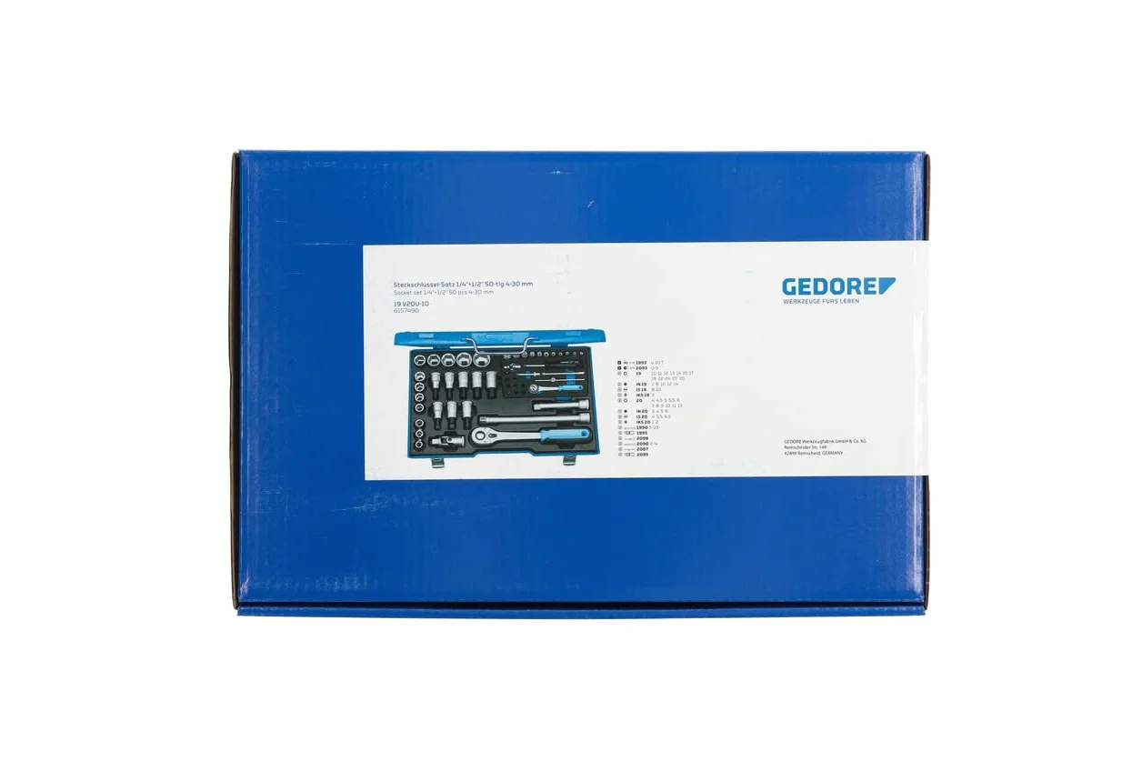 GEDORE 19 V 20 U-10 zestaw kluczy nasadowych skrzynka z grzechotką 50 szt. 4-30 mm 1/4 + 1/2 cala