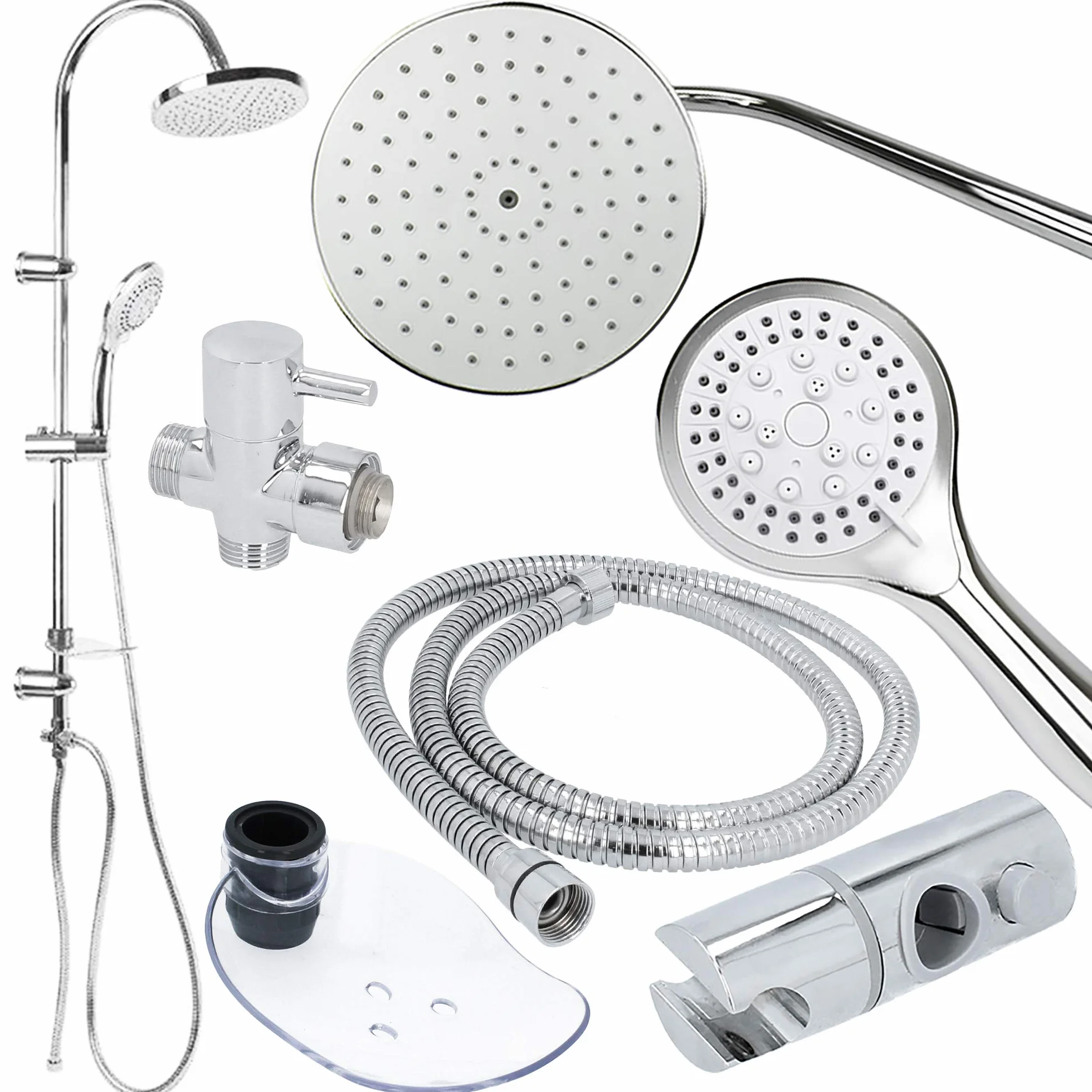 HYDROLAND System prysznicowy bez armatury, zestaw prysznicowy 10-częściowy | uchwyt drążka prysznicowego, deszczownica, 20 cm, słuchawka prysznicowa, 5 funkcji, wąż prysznicowy, wąż prysznicowy, wąż prysznicowy, armatura z filtrem osadu wapiennego, armatu