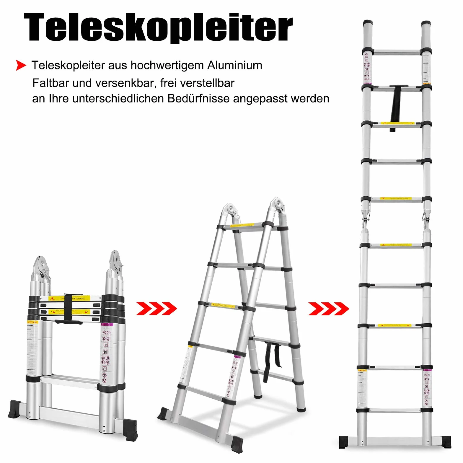 Aufun Drabina teleskopowa wysuwana, aluminiowa, antypoślizgowa, składana, ze szczeblami teleskopowymi, wielofunkcyjna, maks. obciążenie 150 kg, składana (1,9 + 1,9 m)